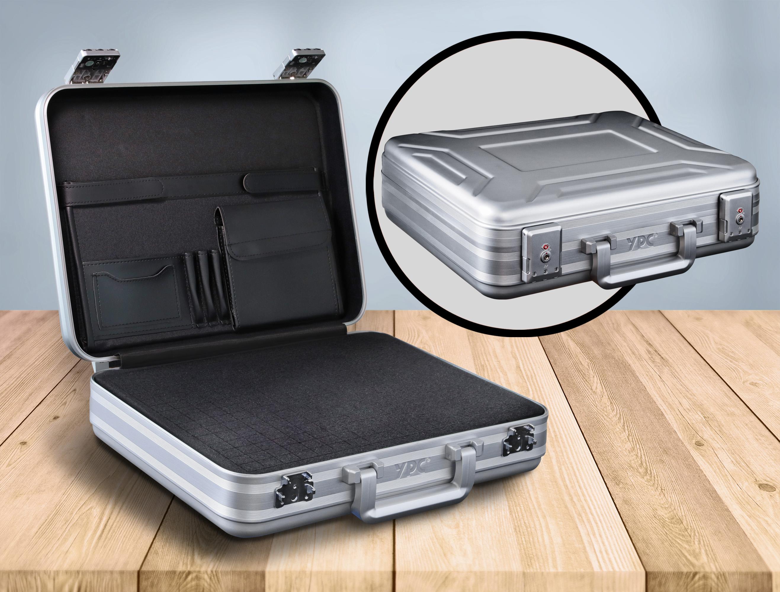 "EliteGuard" all-aluminium case 420x350x115mm with cube foam insert and document holder, silver