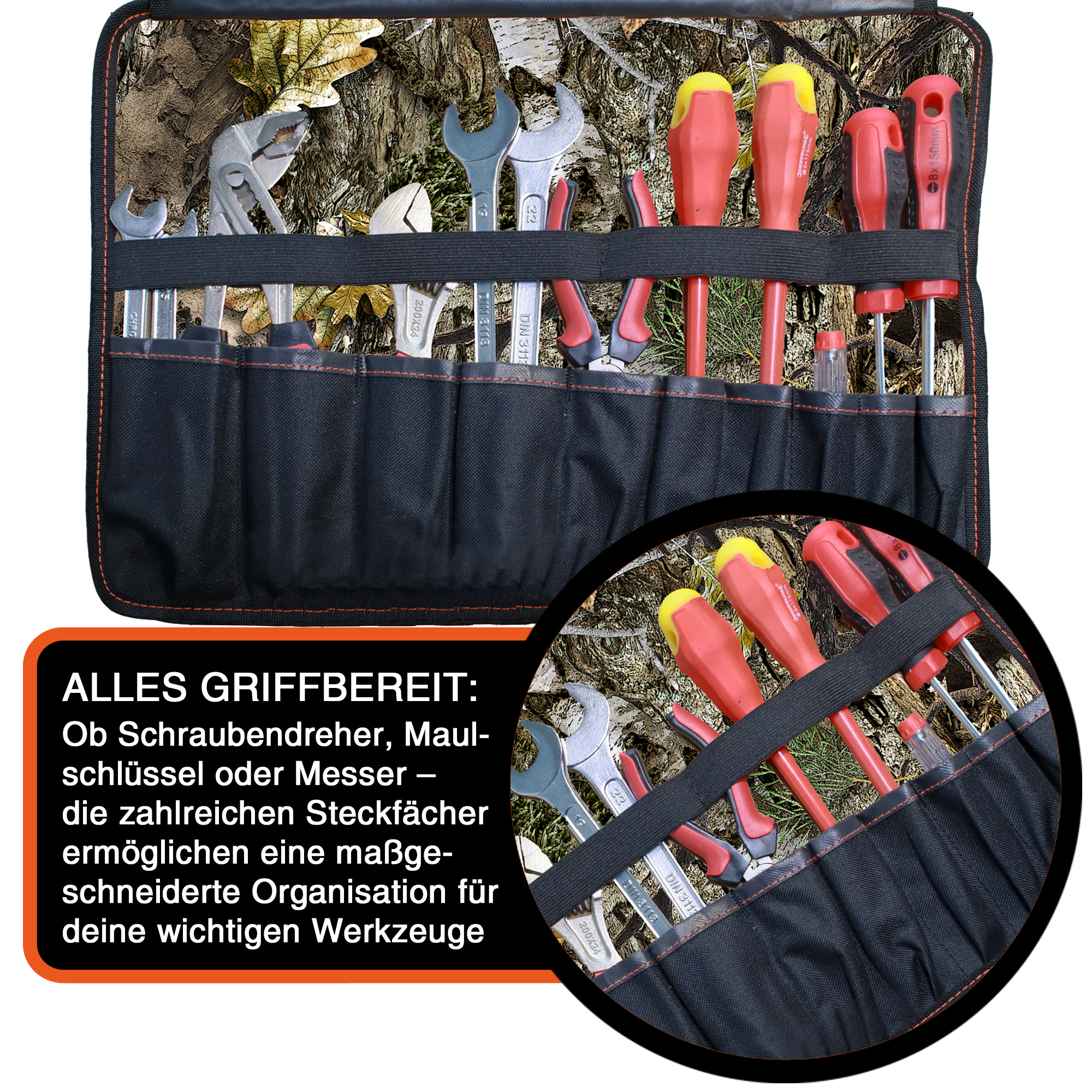 "VarioRoll L" Werkzeug Rolltasche 45x32cm, 10 Steckfächer und 4 Halteschlaufen, Camouflage-Schwarz