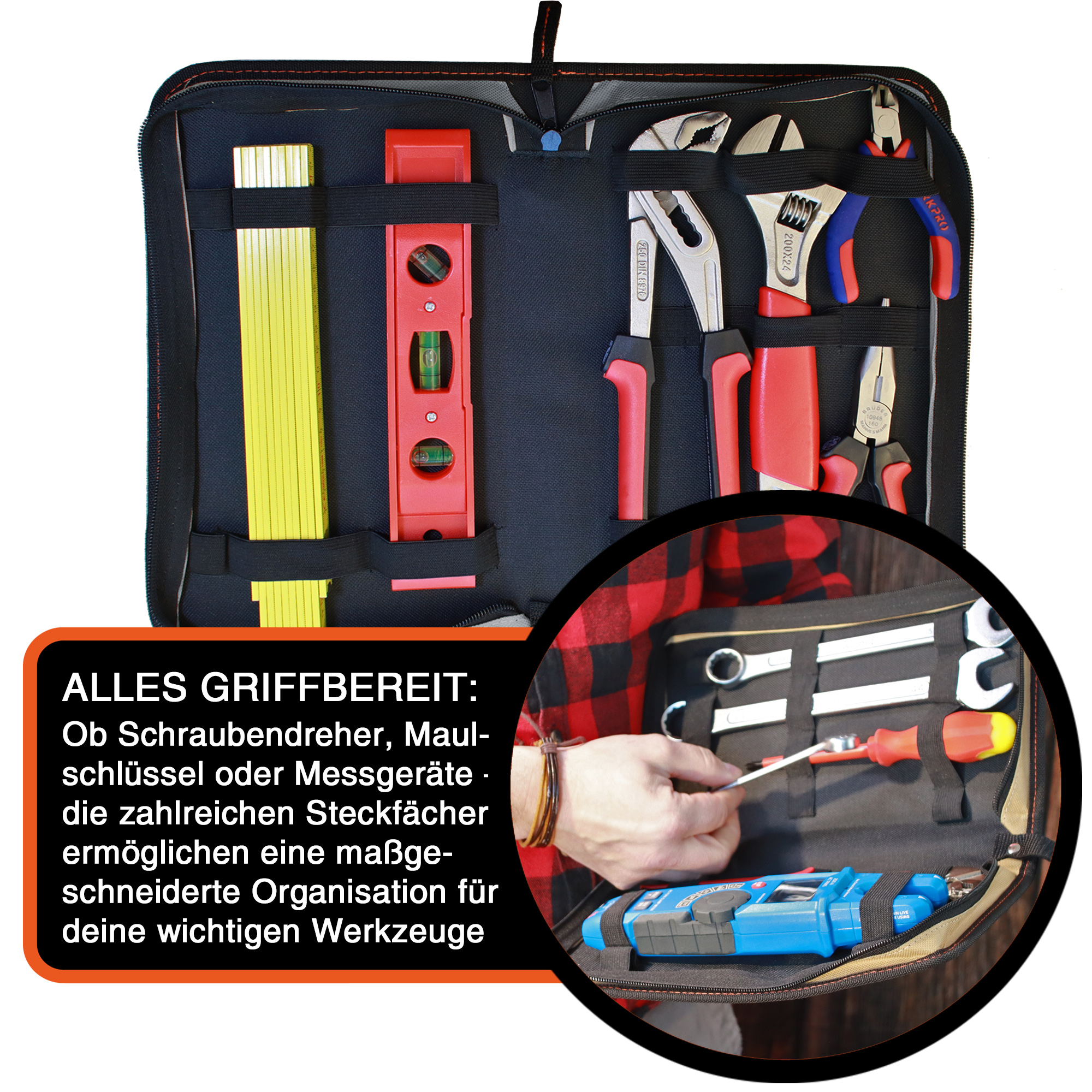 "ZipCaddy L" Werkzeug Organizer 31x17x5cm, mit Außentasche und 17 Halteschlaufen, Grau-Schwarz