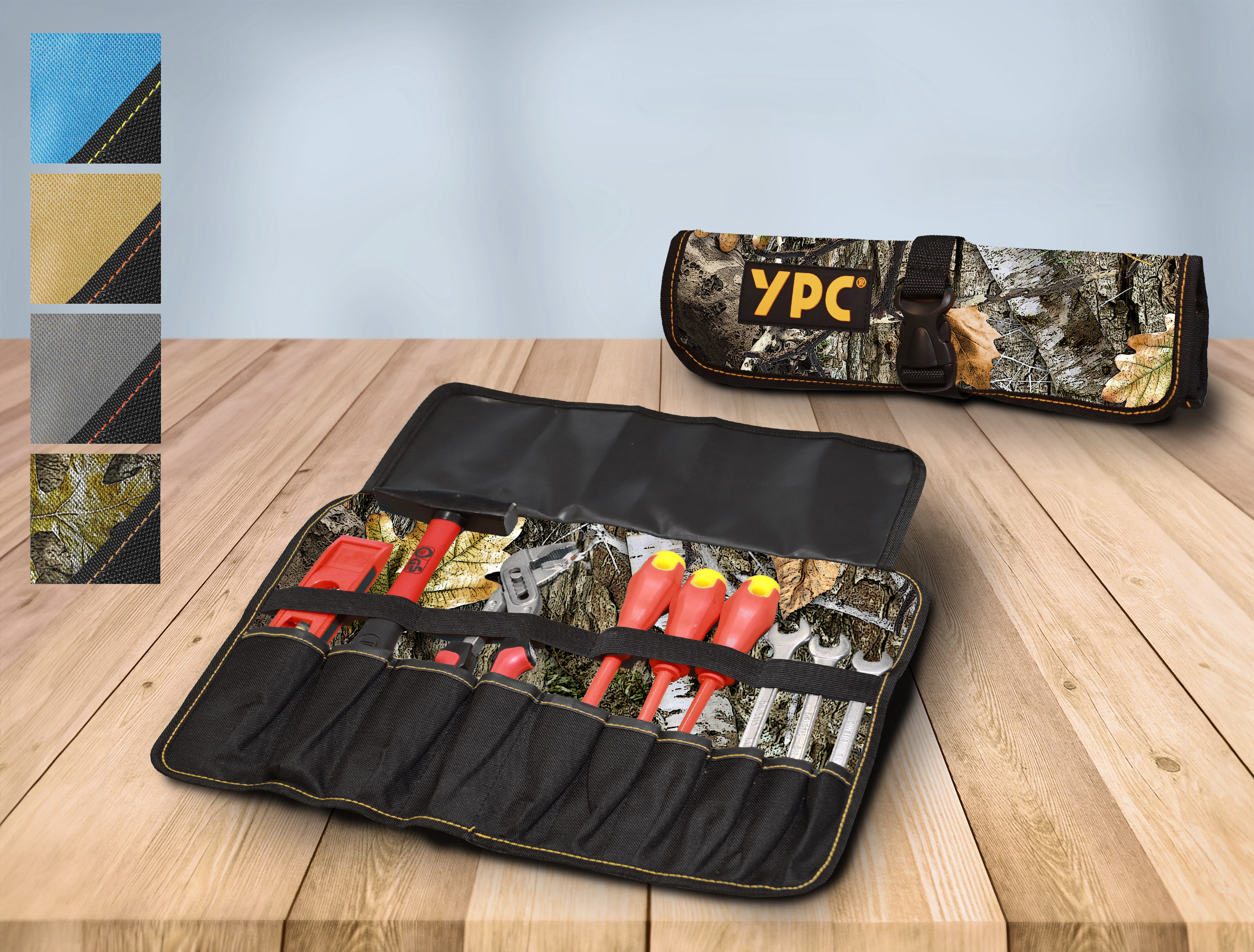 "VarioRoll L" tool roll bag 45x32cm, 10 pockets and 4 straps, camouflage-black