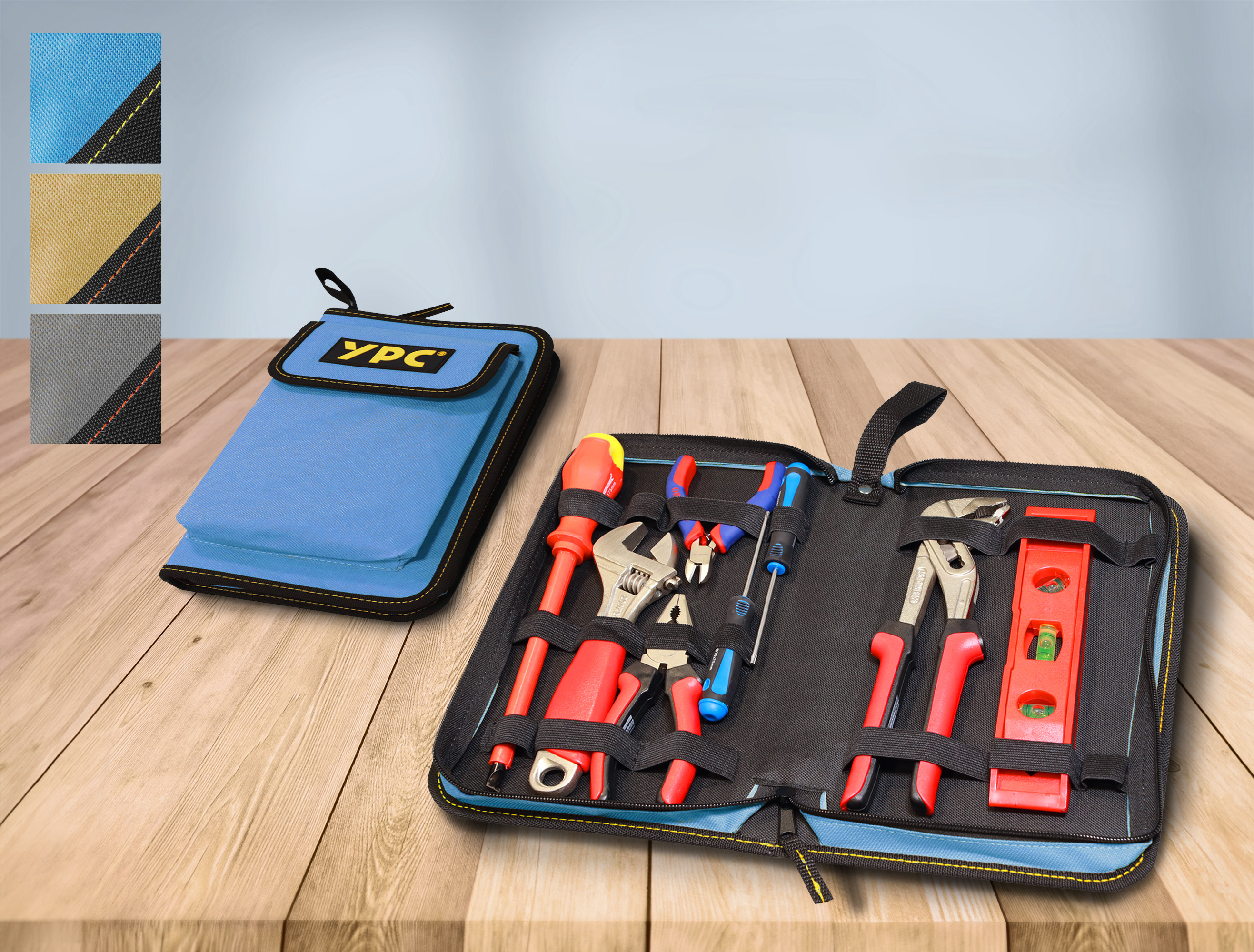"ZipCaddy L" Werkzeug Organizer 31x17x5cm, mit Außentasche und 17 Halteschlaufen, Blau-Schwarz