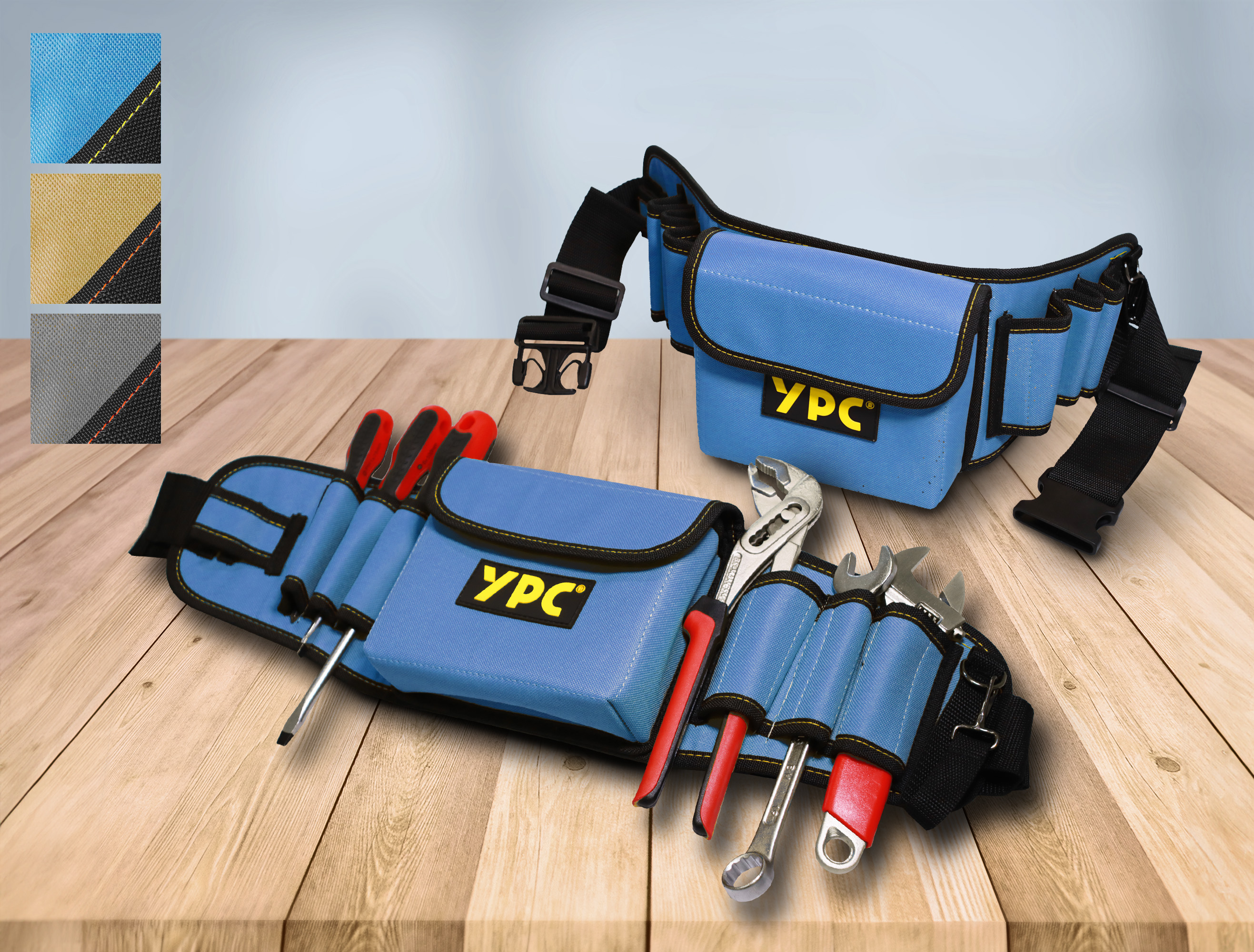 "ProBelt" tool belt 58x16cm, 130cm total, with pocket and 8 holding loops, blue-black