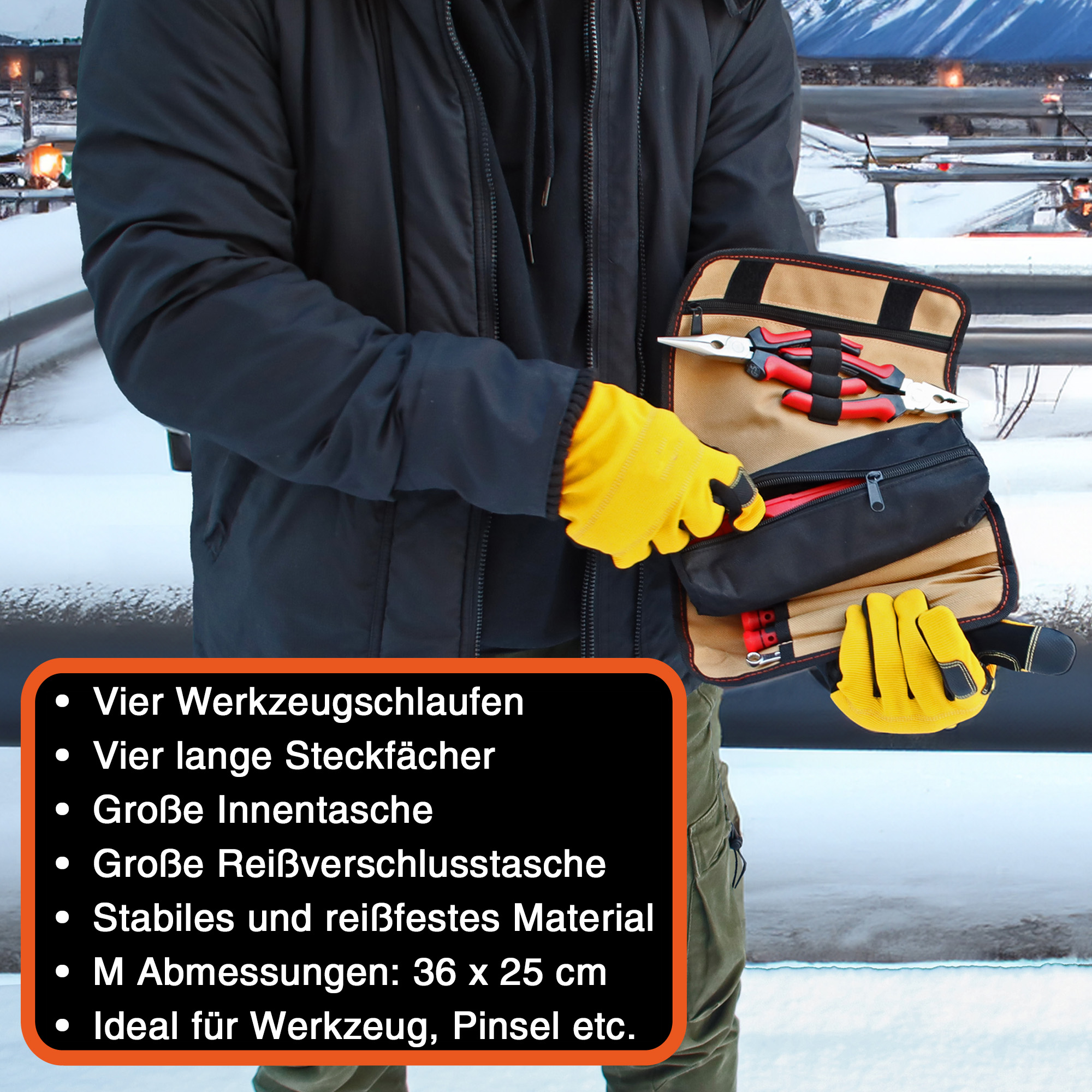 "VarioRoll M" Werkzeug Rolltasche 36x25cm, Zipper-Tasche, 4 Steckfächer, 4 Halteschlaufen, Sand-Schwarz