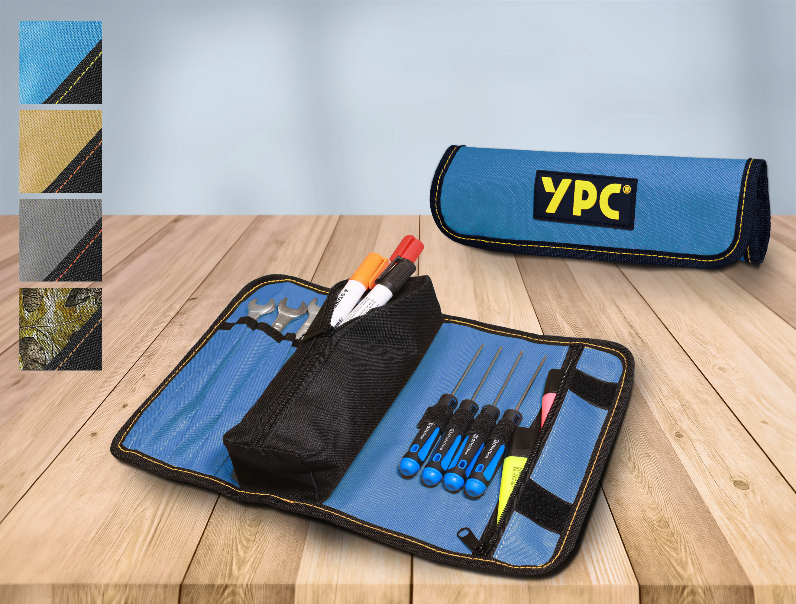 "VarioRoll M" tool roll bag 36x25cm, zipper bag, 4 pockets, 4 straps, blue-black