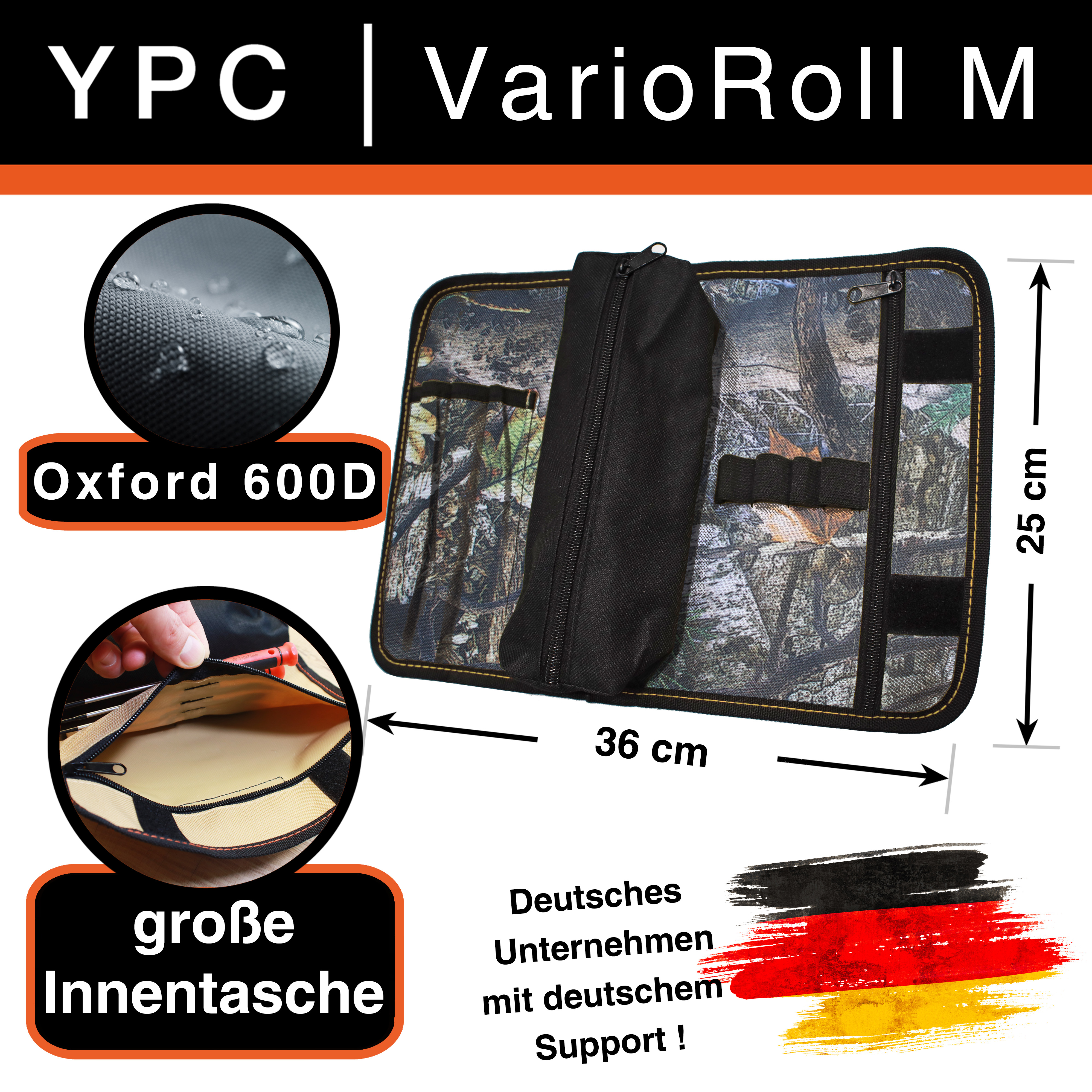 "VarioRoll M" Werkzeug Rolltasche 36x25cm, Zipper-Tasche, 4 Steckfächer, 4 Halteschlaufen, Camouflage-Schwarz
