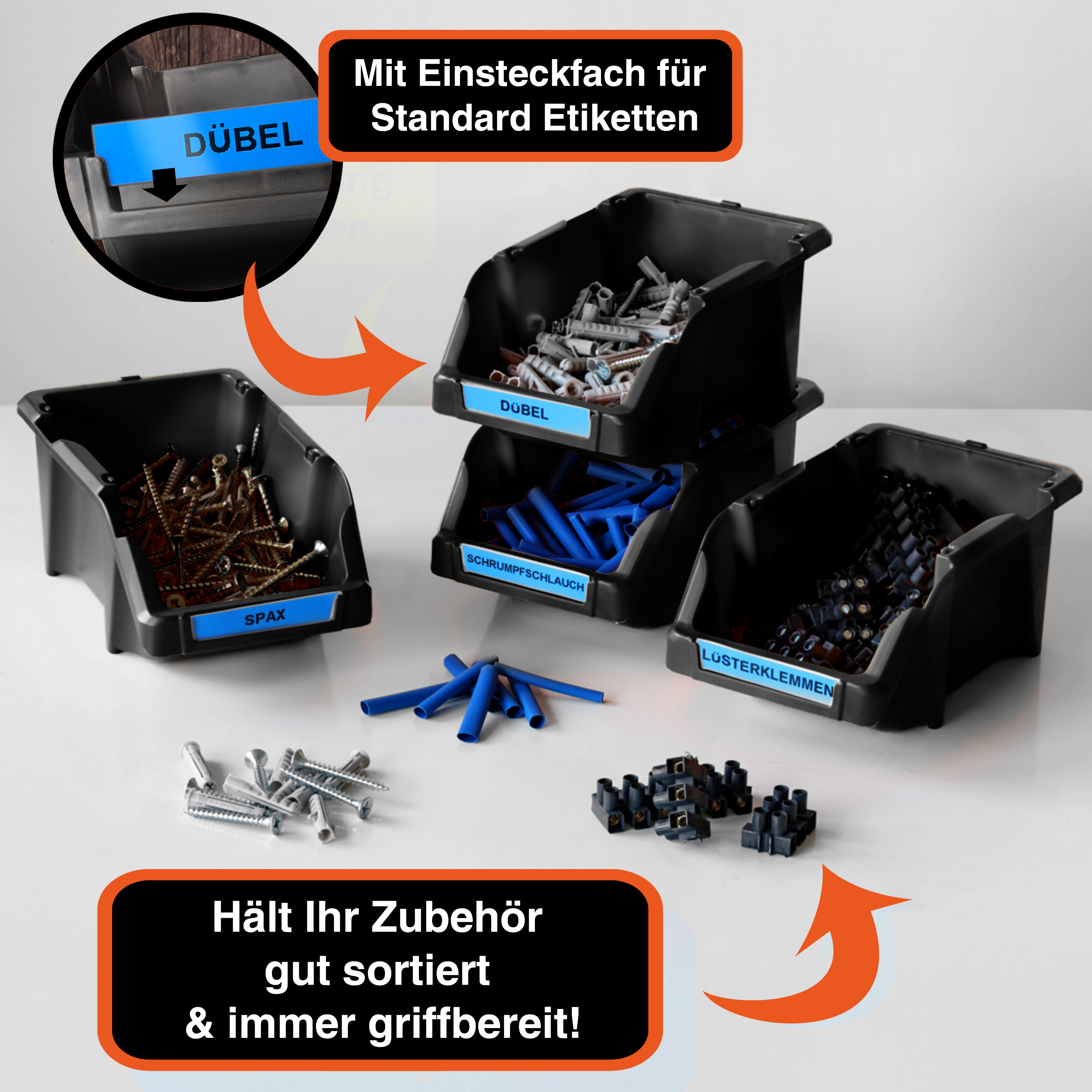 Stapelboxen-Set 8er Schwarz mit Halterung