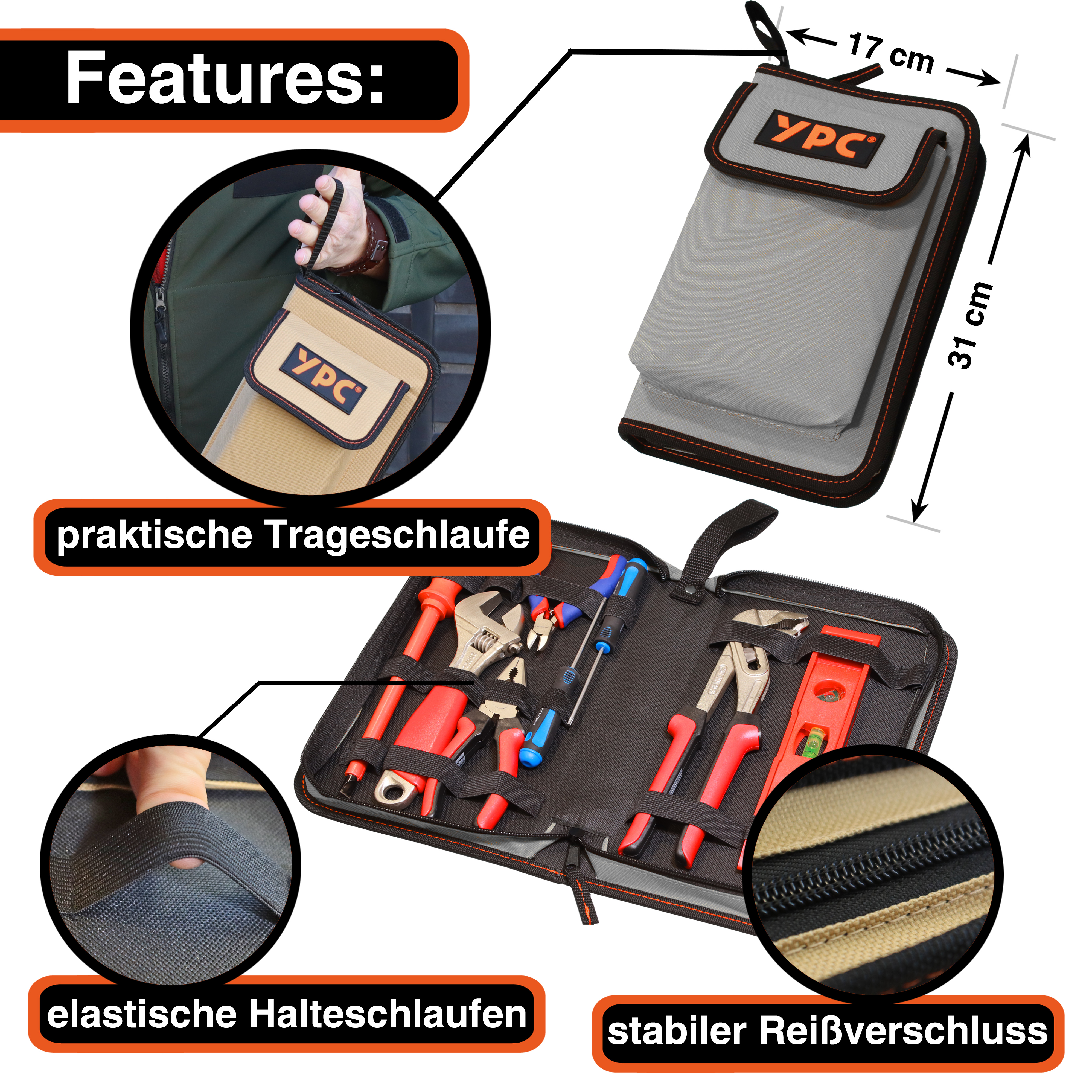 "ZipCaddy L" Werkzeug Organizer 31x17x5cm, mit Außentasche und 17 Halteschlaufen, Grau-Schwarz