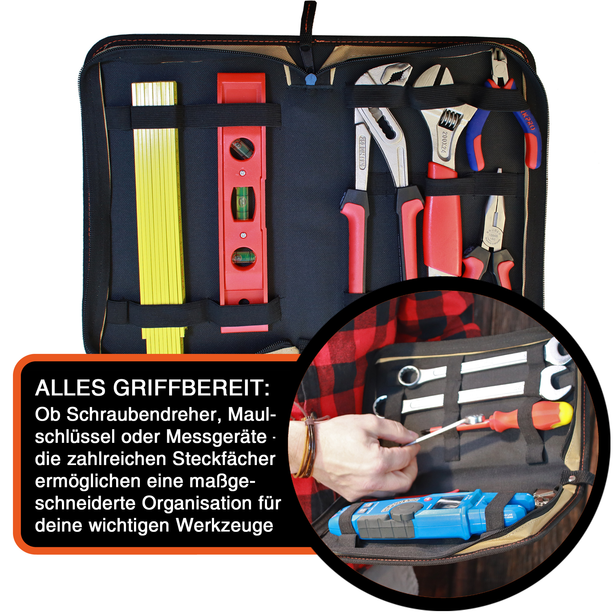 "ZipCaddy L" Werkzeug Organizer 31x17x5cm, mit Außentasche und 17 Halteschlaufen, Sand-Schwarz