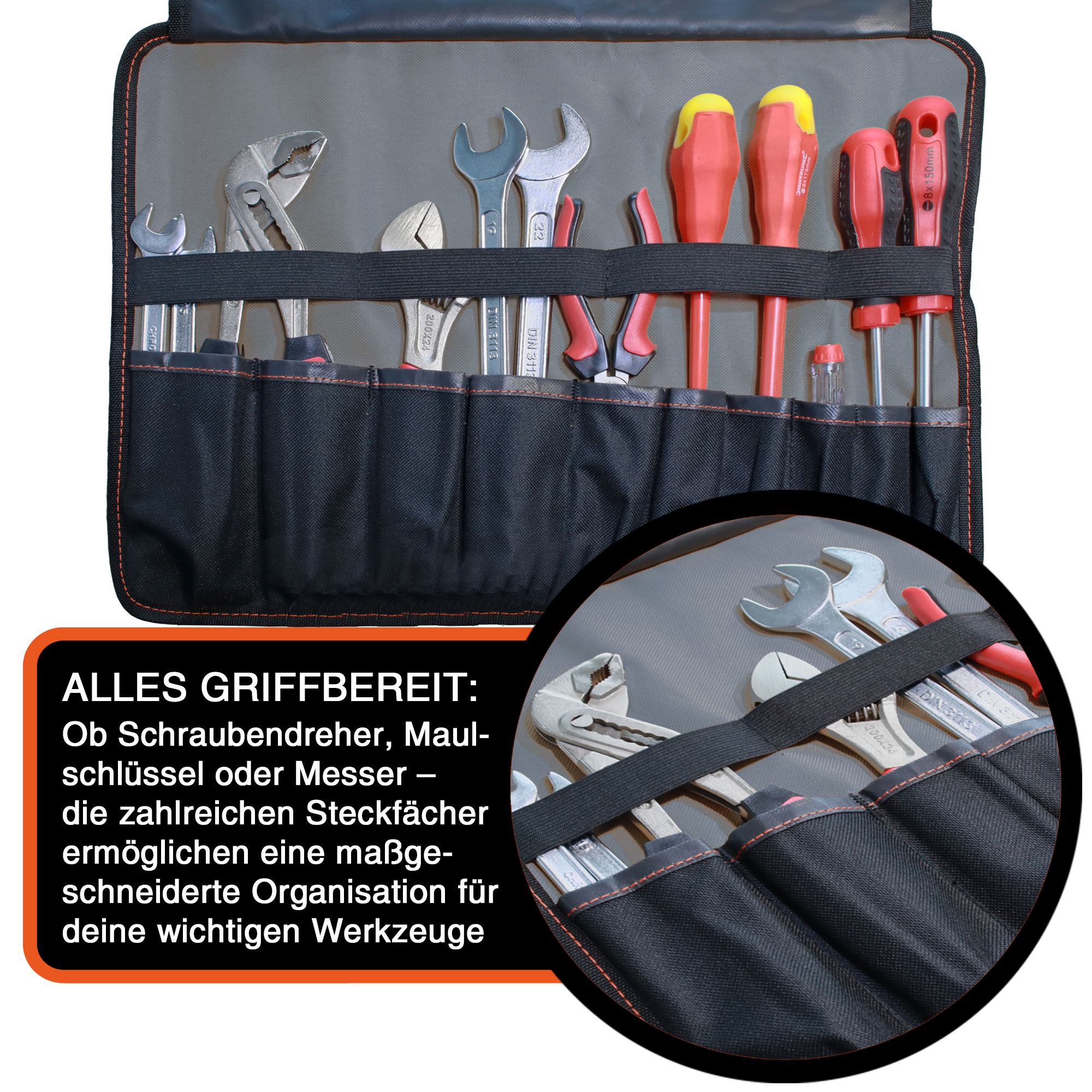 "VarioRoll L" tool roll bag 45x32cm, 10 pockets and 4 straps, grey-black