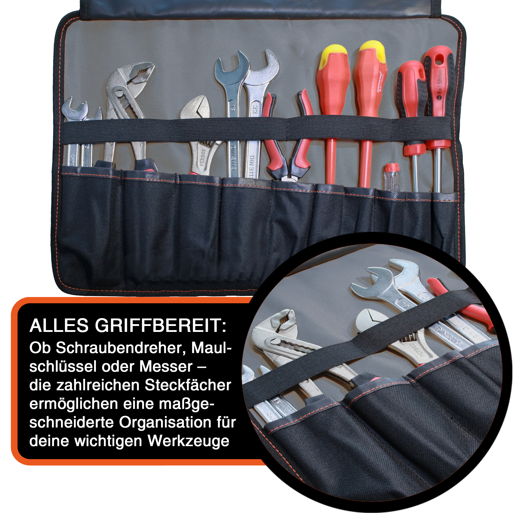 "VarioRoll L" Werkzeug Rolltasche 45x32cm, 10 Steckfächer und 4 Halteschlaufen, Grau-Schwarz