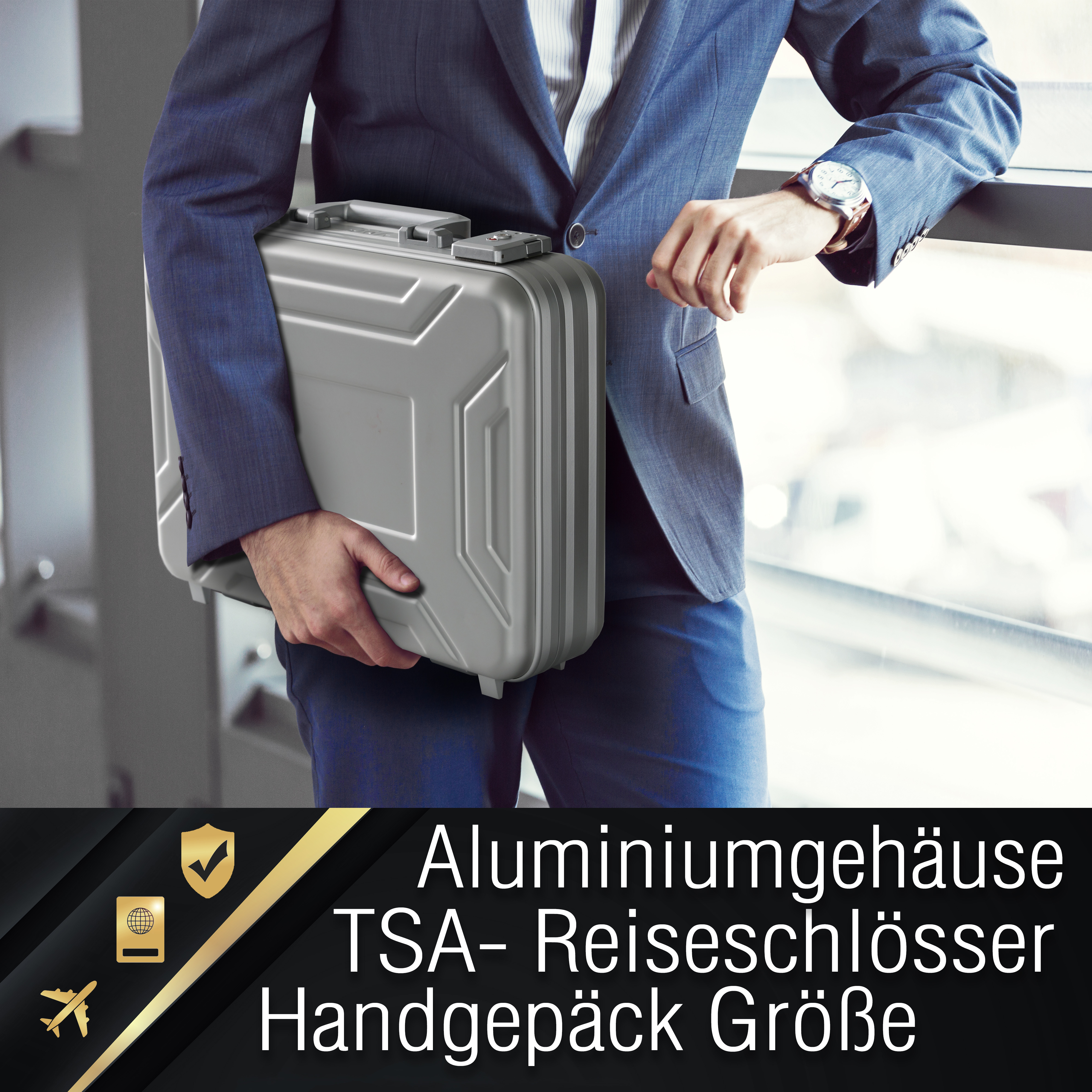 "EliteGuard" Voll-Aluminiumkoffer 420x350x115mm  mit Würfelschaumeinlage und Dokumentenhalter, Silber