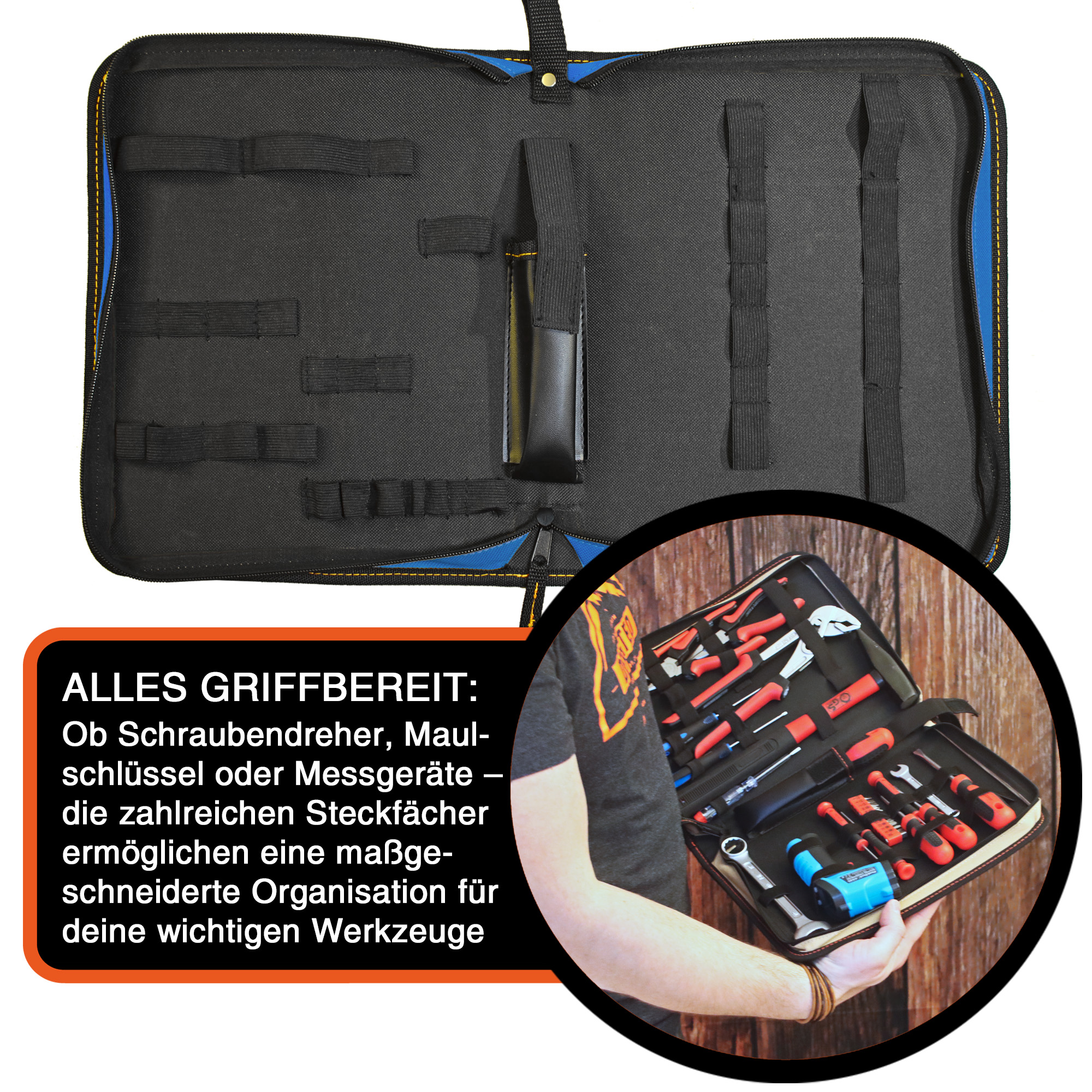 "ZipCaddy XL" Werkzeug Organizer 31x23x5cm, mit Außentasche und 34 Halteschlaufen, Blau-Schwarz