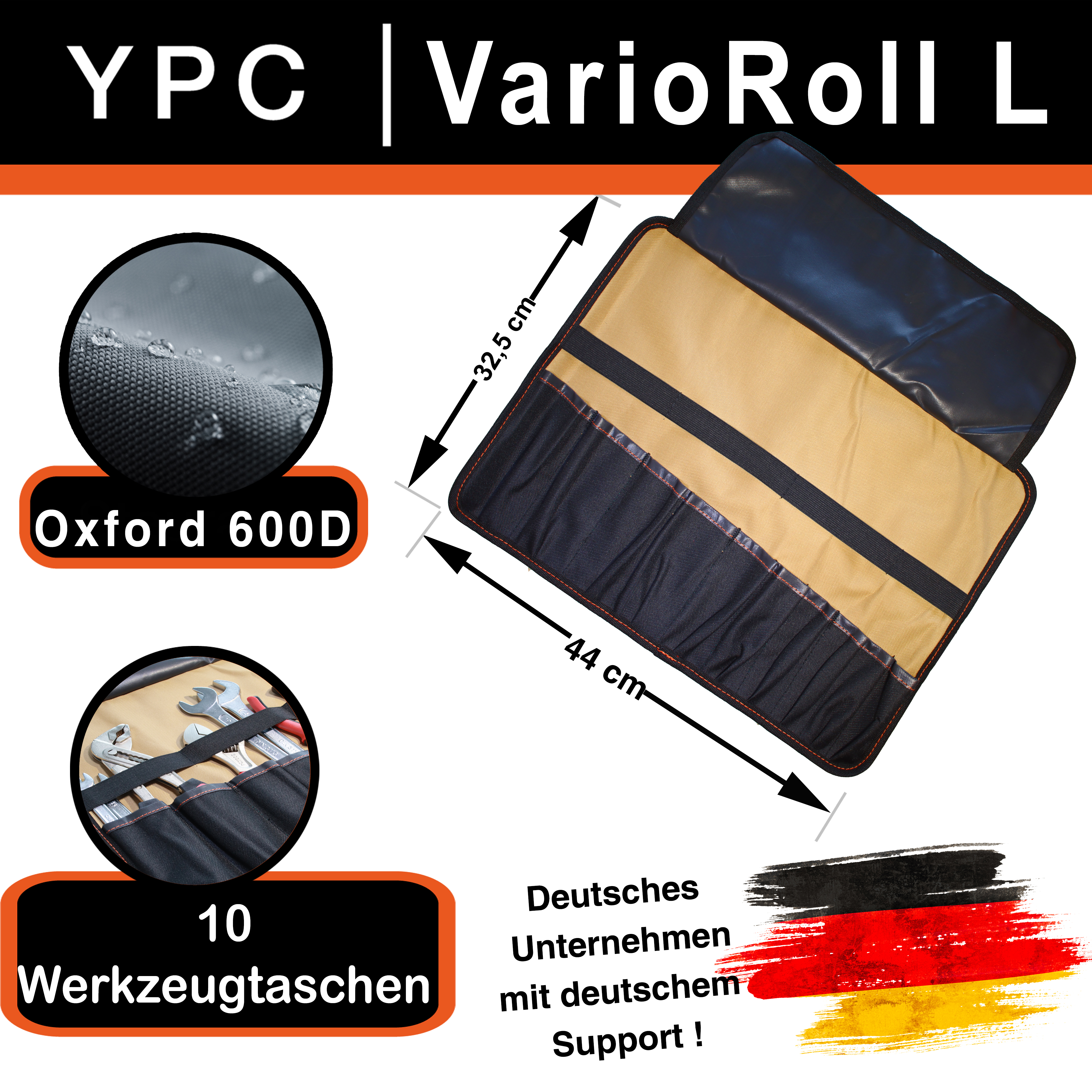 "VarioRoll L" Werkzeug Rolltasche 45x32cm, 10 Steckfächer und 4 Halteschlaufen, Sand-Schwarz