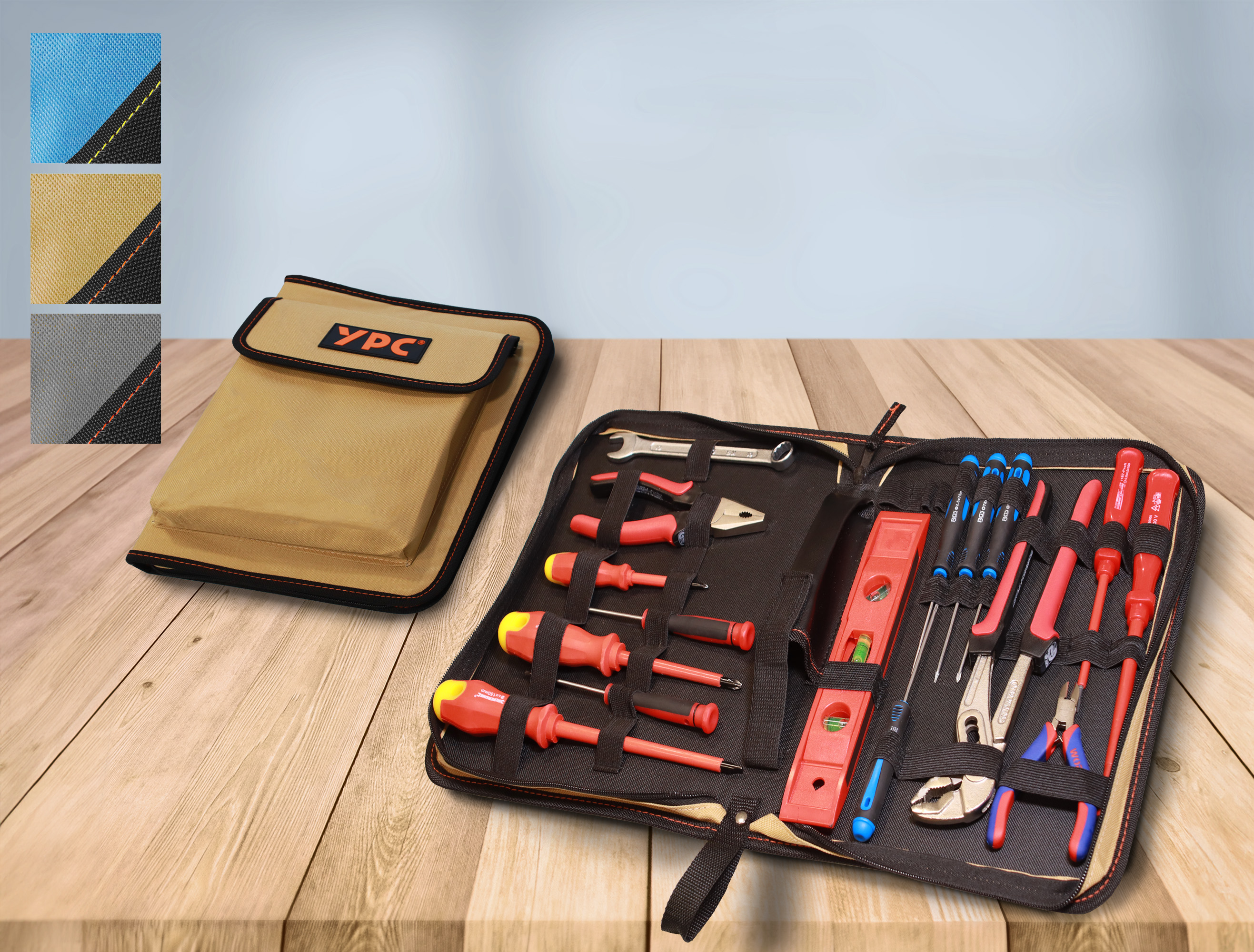 "ZipCaddy XL" Werkzeug Organizer 31x23x5cm, mit Außentasche und 34 Halteschlaufen, Sand-Schwarz