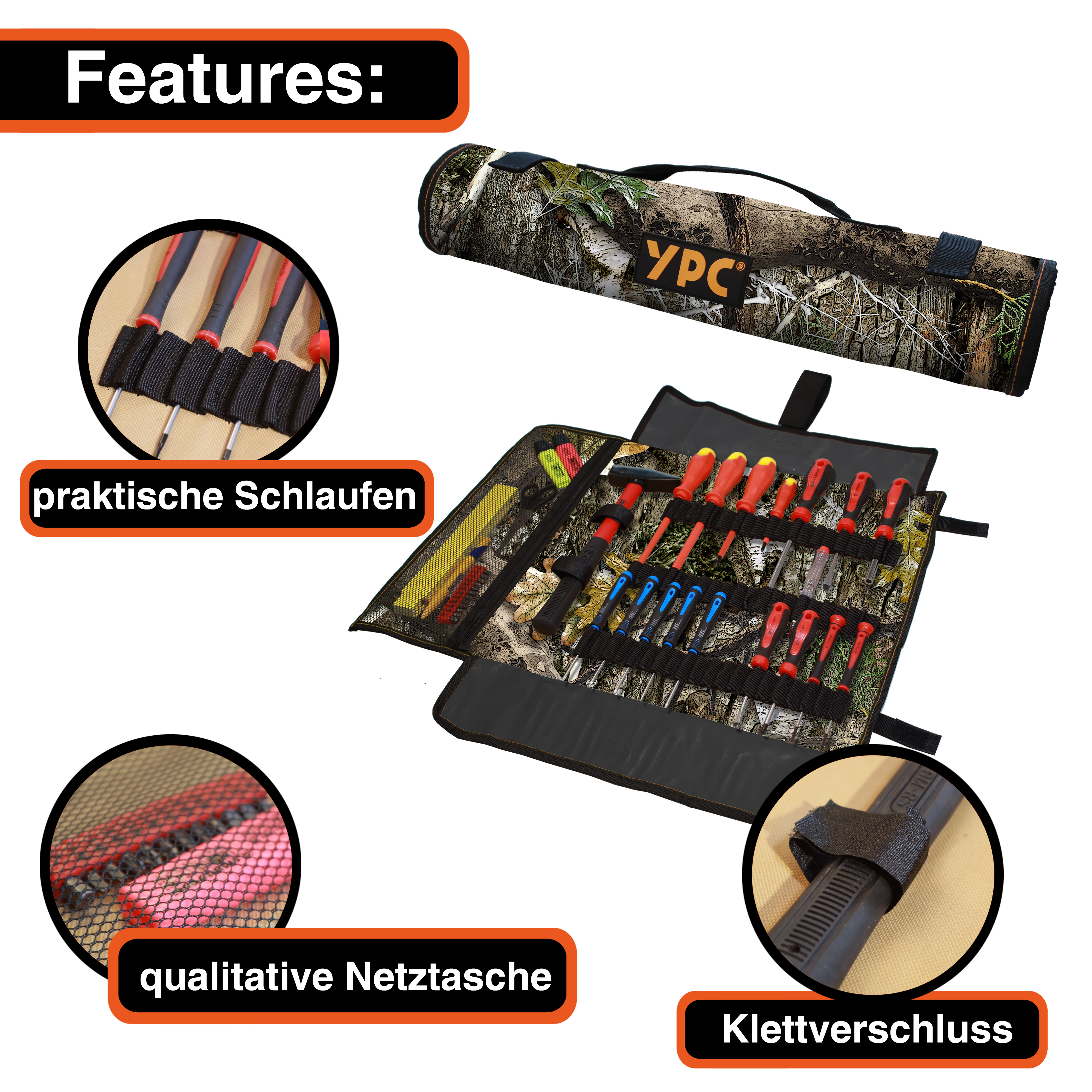 "VarioRoll XXL" Werkzeug Rolltasche 62x44cm, Netztasche und 60 Halteschlaufen, Camouflage-Schwarz