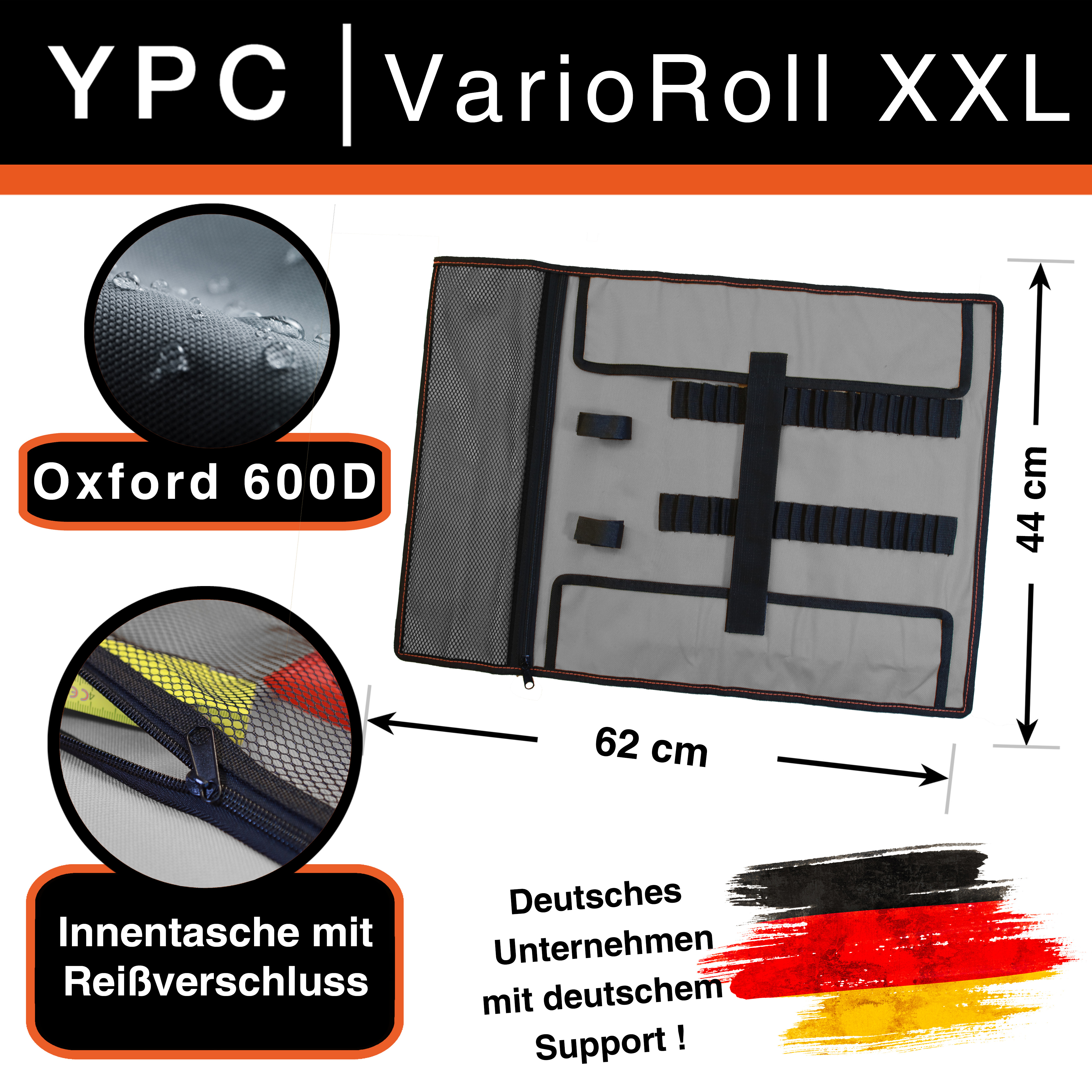"VarioRoll XXL" Werkzeug Rolltasche 62x44cm, Netztasche und 60 Halteschlaufen, Grau-Schwarz