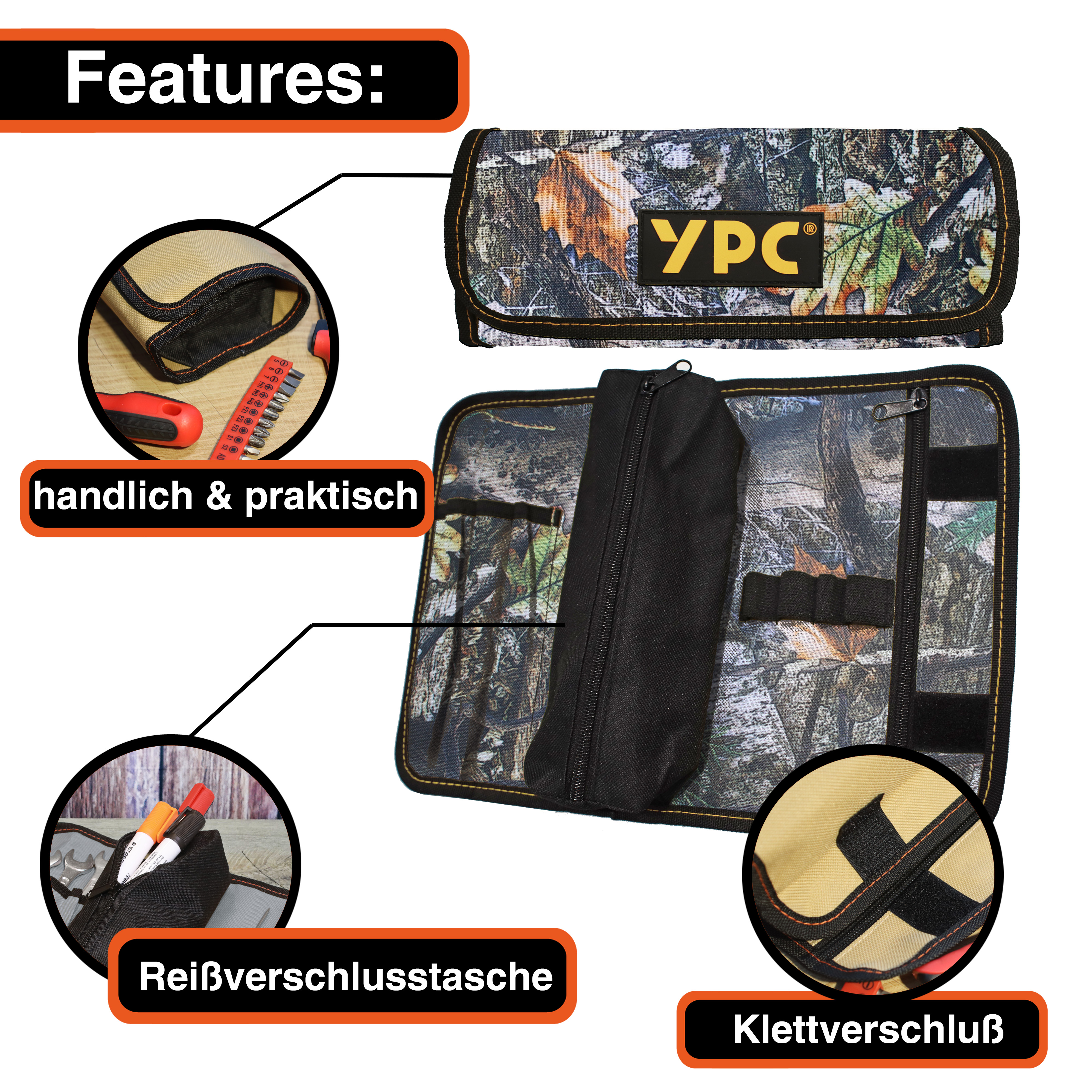 "VarioRoll M" Werkzeug Rolltasche 36x25cm, Zipper-Tasche, 4 Steckfächer, 4 Halteschlaufen, Camouflage-Schwarz