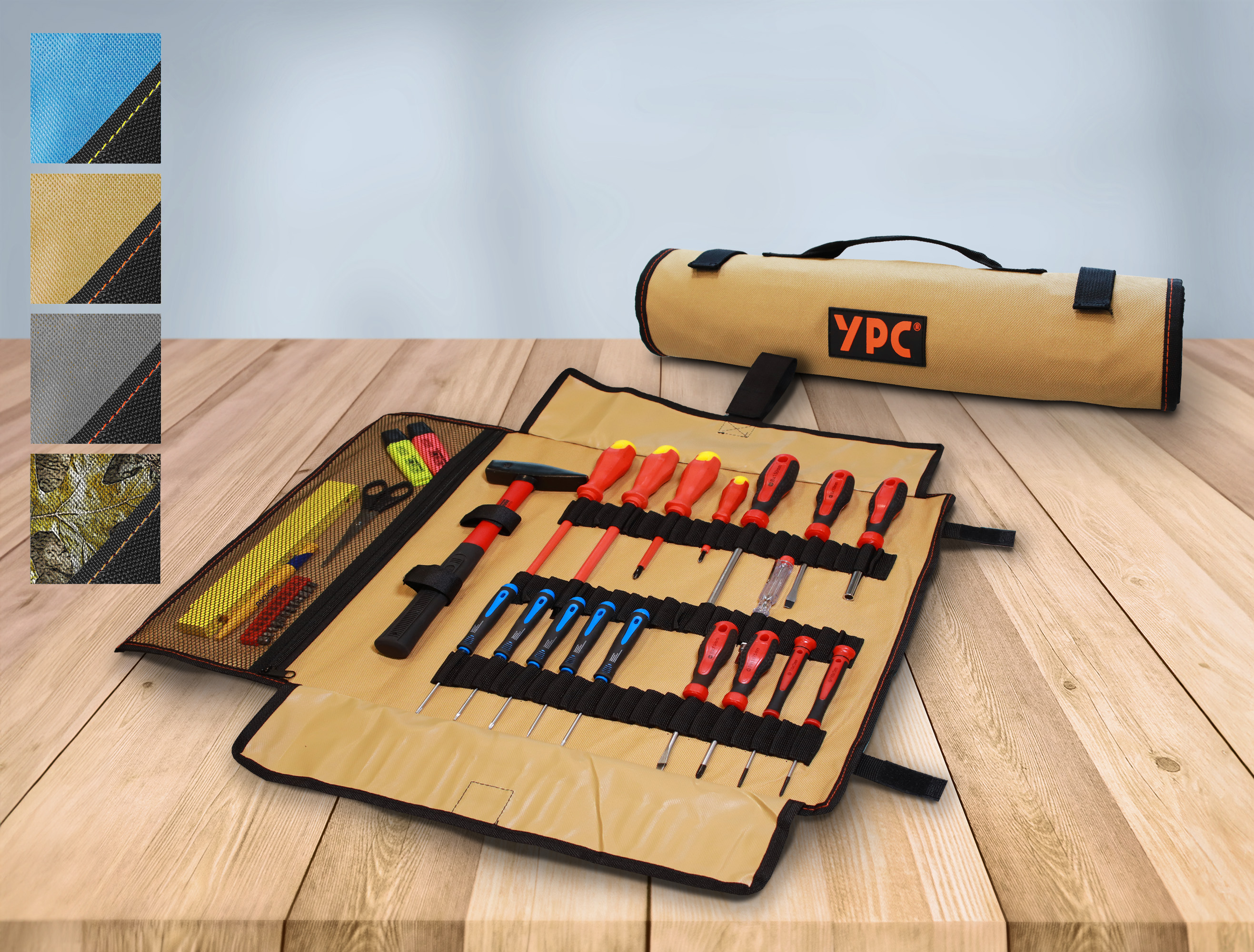 "VarioRoll XXL" tool roll bag 62x44cm, mesh pocket and 60 straps, sand-black