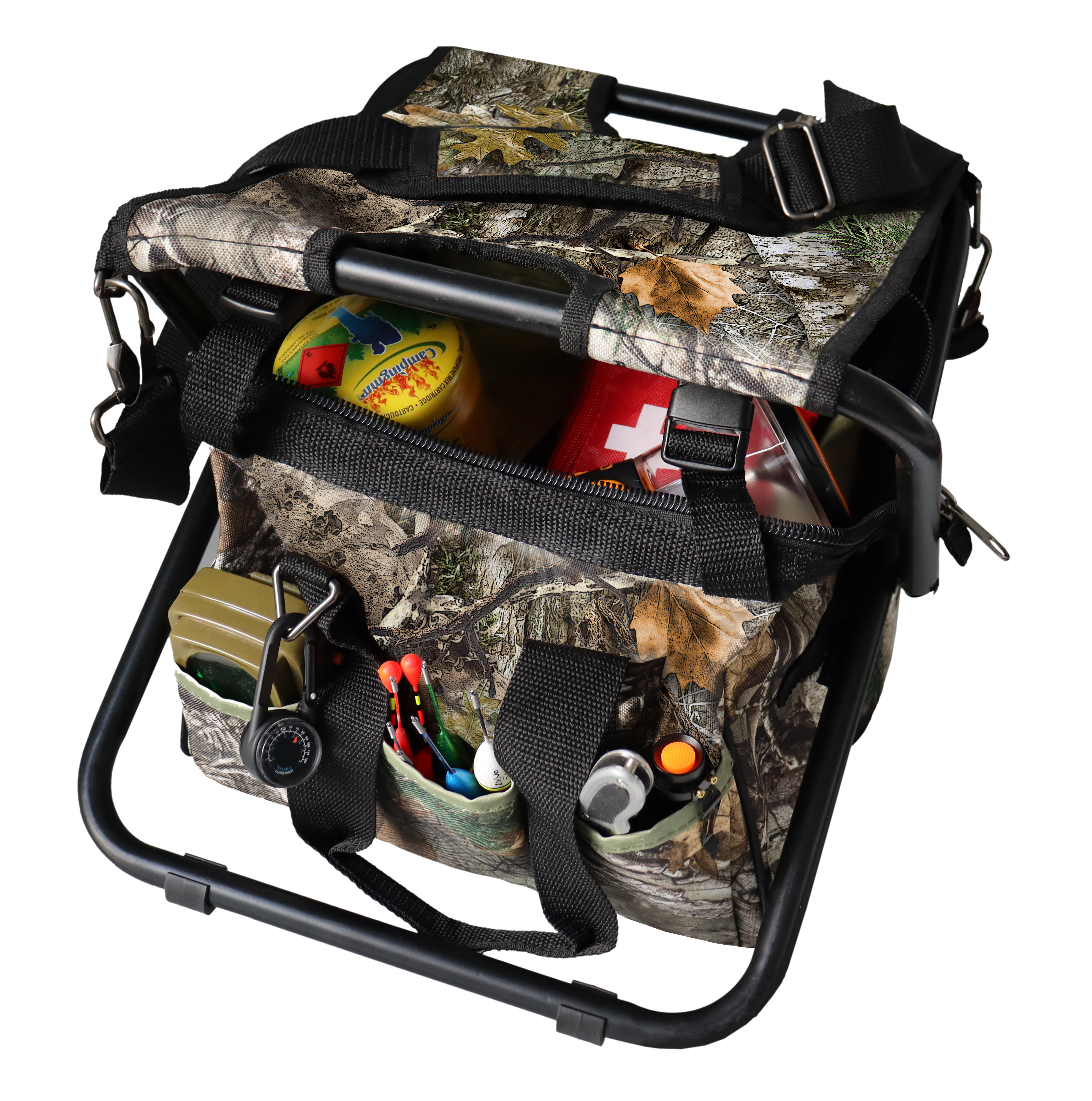 "Hunter" folding stool with carry bag, camouflage-black, 33x32x30cm, 100 kg load capacity