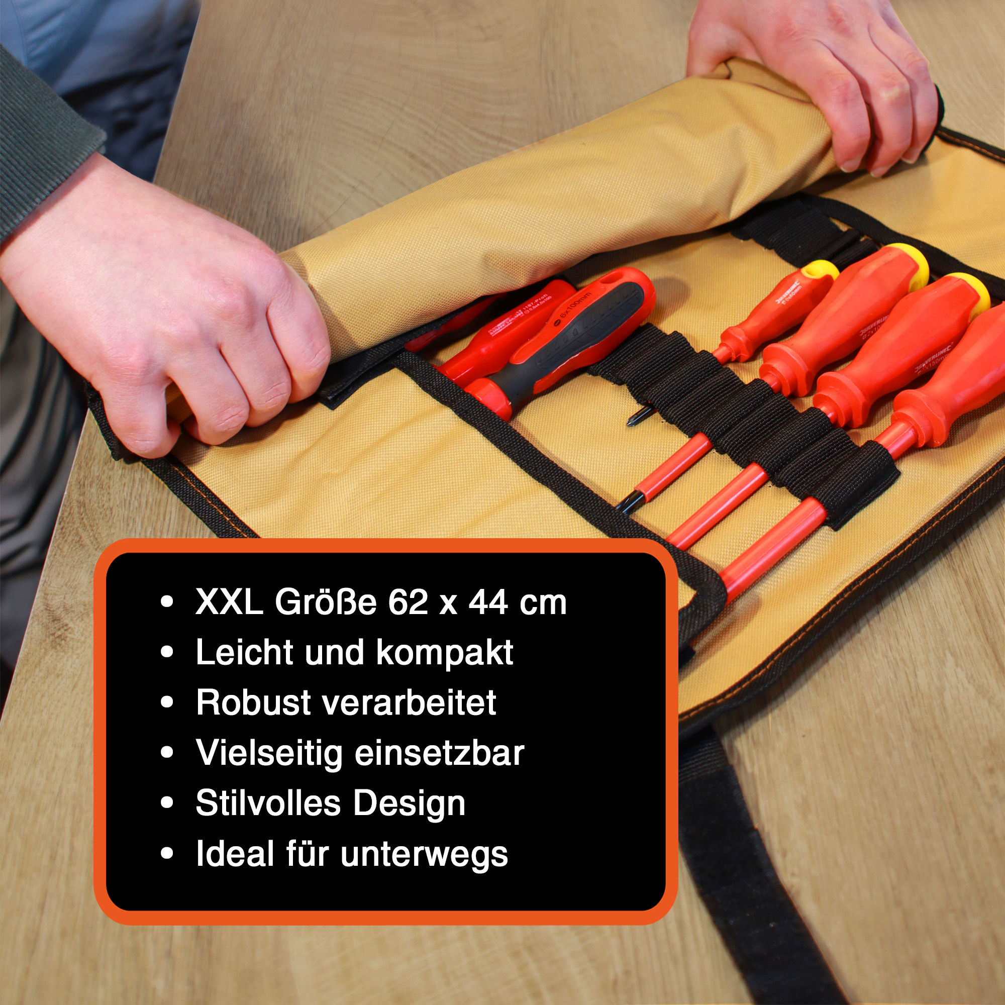 "VarioRoll XXL" Werkzeug Rolltasche 62x44cm, Netztasche und 60 Halteschlaufen, Sand-Schwarz