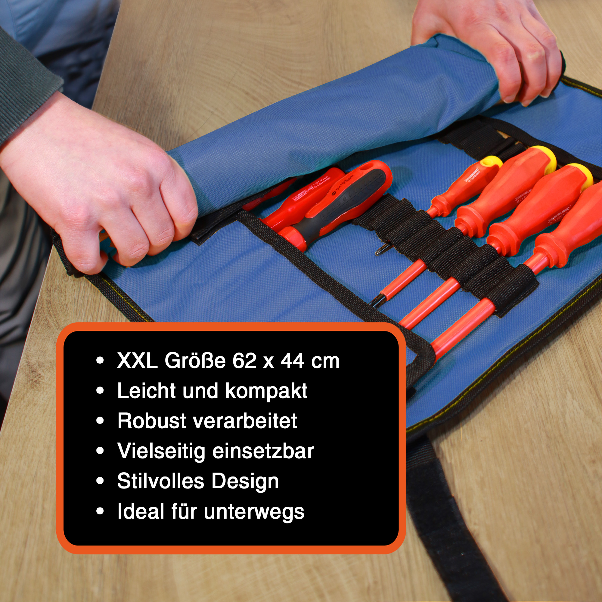 "VarioRoll XXL" Werkzeug Rolltasche 62x44cm, Netztasche und 60 Halteschlaufen, Blau-Schwarz