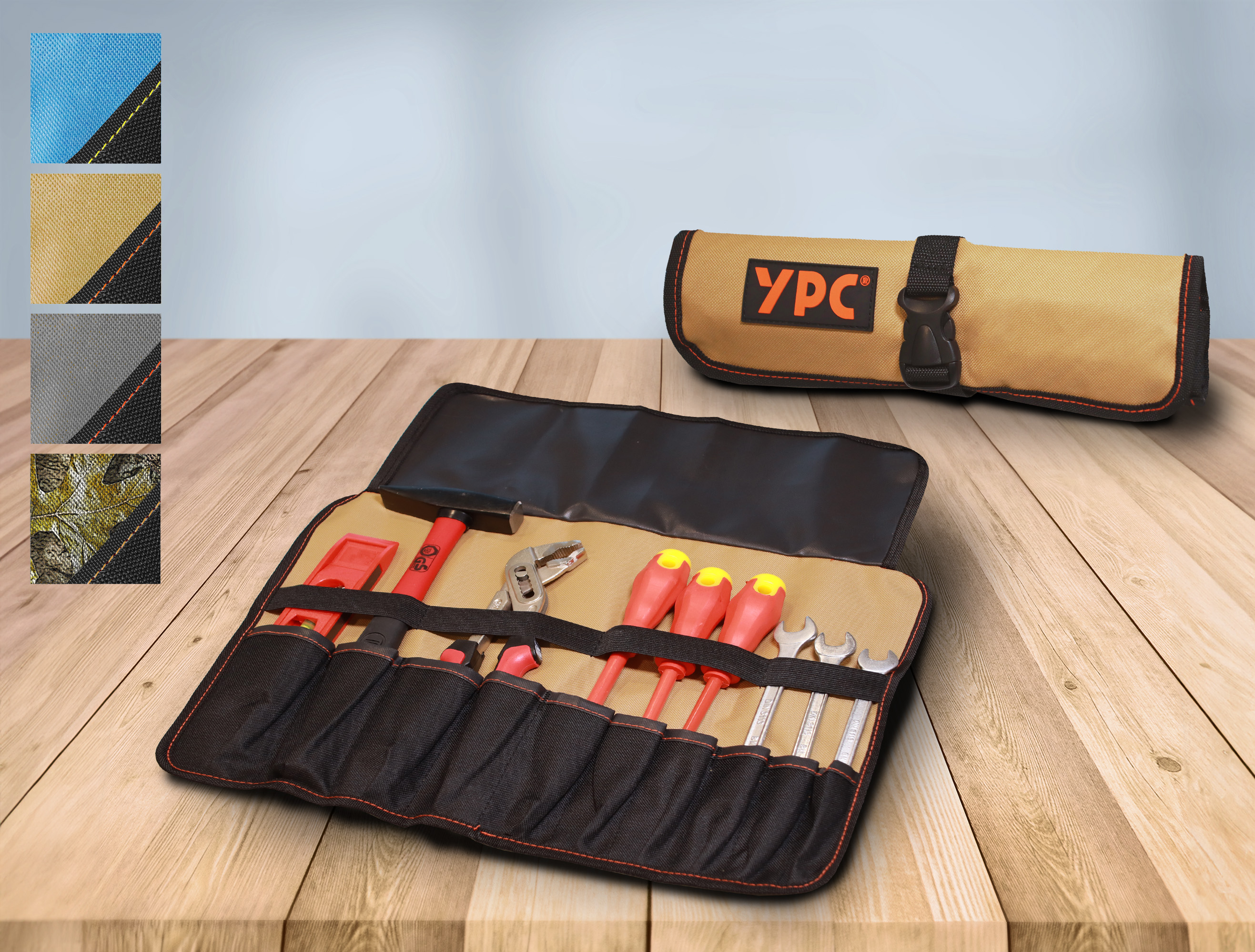 "VarioRoll L" tool roll bag 45x32cm, 10 pockets and 4 straps, sand-black