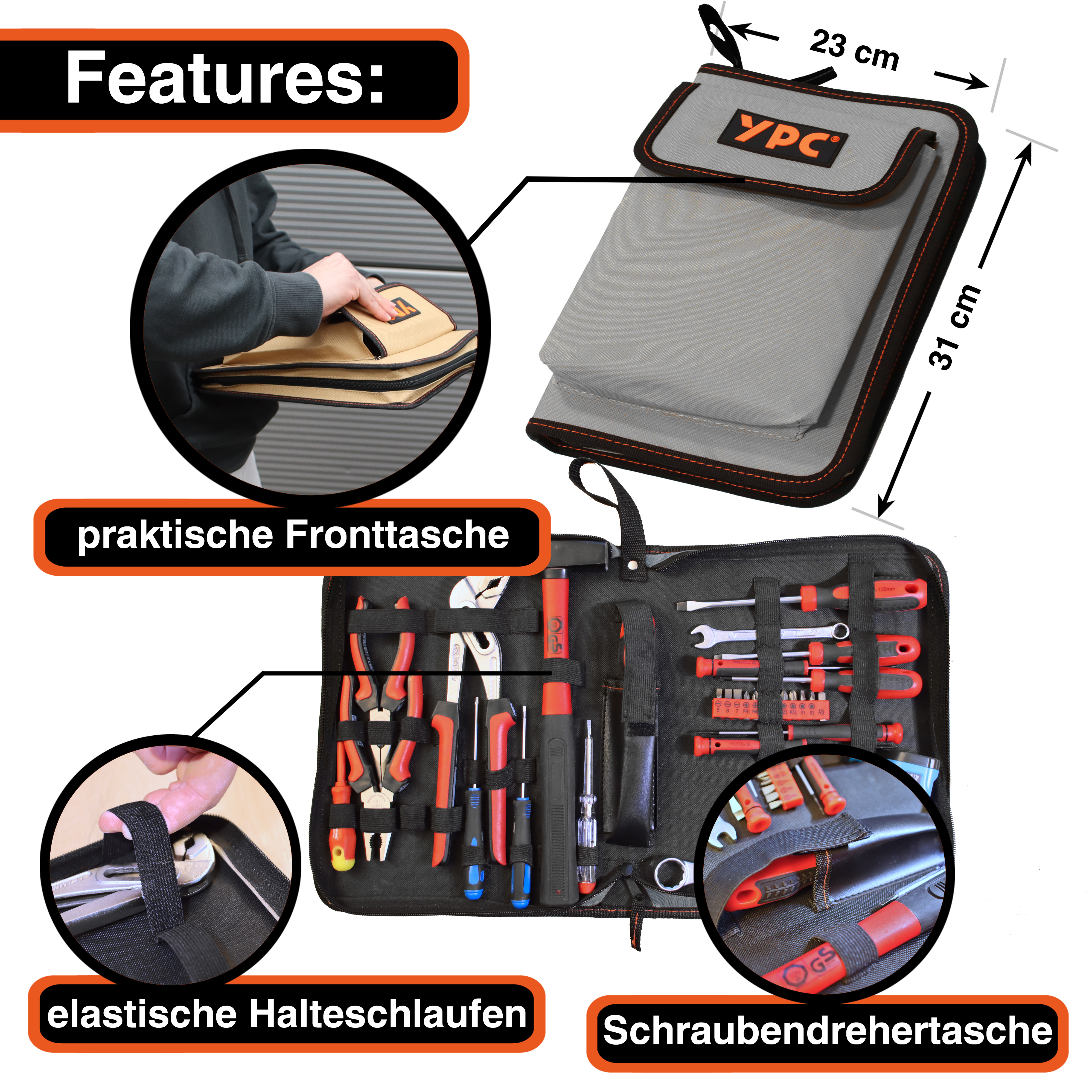"ZipCaddy XL" Werkzeug Organizer 31x23x5cm, mit Außentasche und 34 Halteschlaufen, Grau-Schwarz
