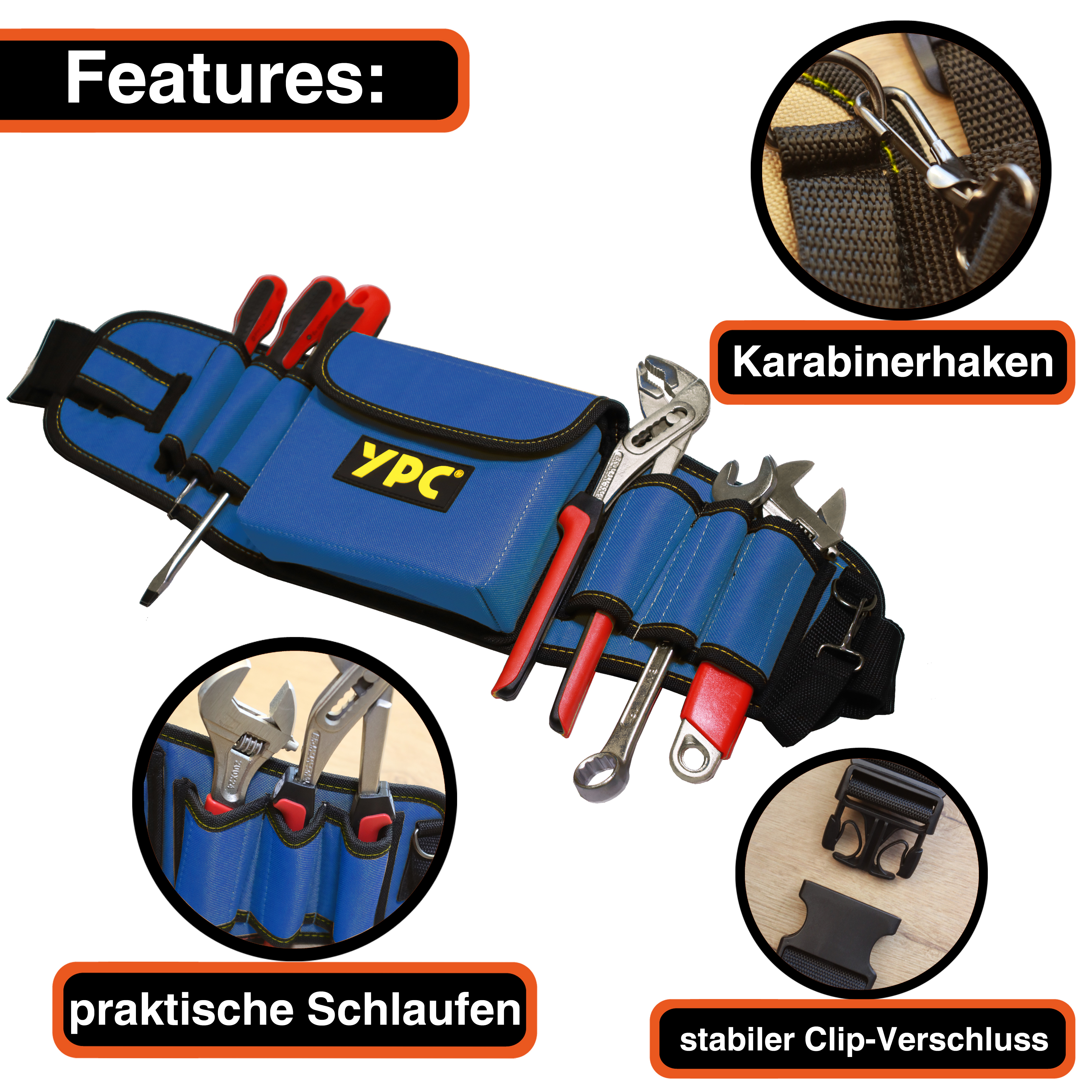 "ProBelt" Werkzeuggürtel 58x16cm, 130cm gesamt, mit Tasche und 8 Halteschlaufen, Blau-Schwarz