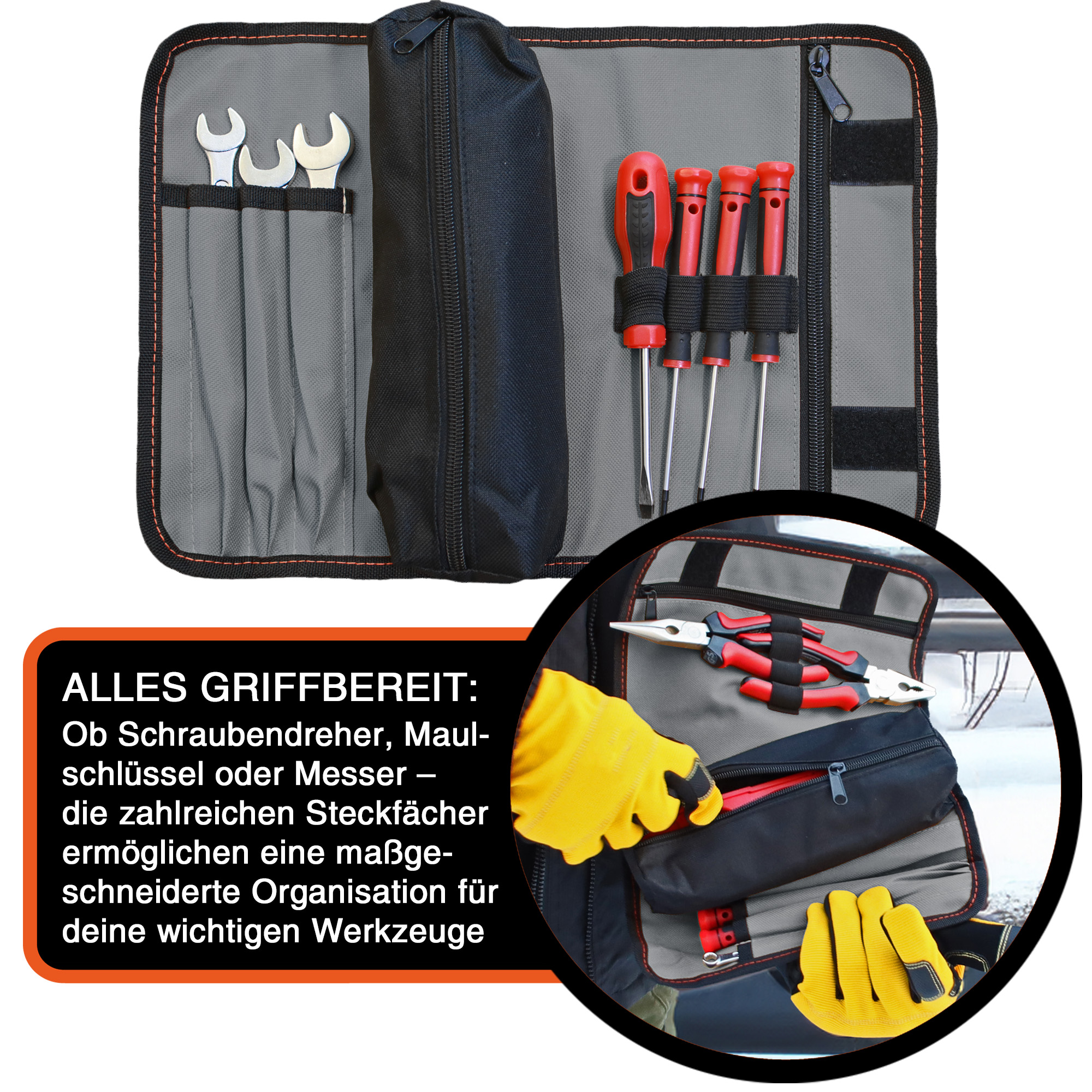 "VarioRoll M" Werkzeug Rolltasche 36x25cm, Zipper-Tasche, 4 Steckfächer, 4 Halteschlaufen, Grau-Schwarz