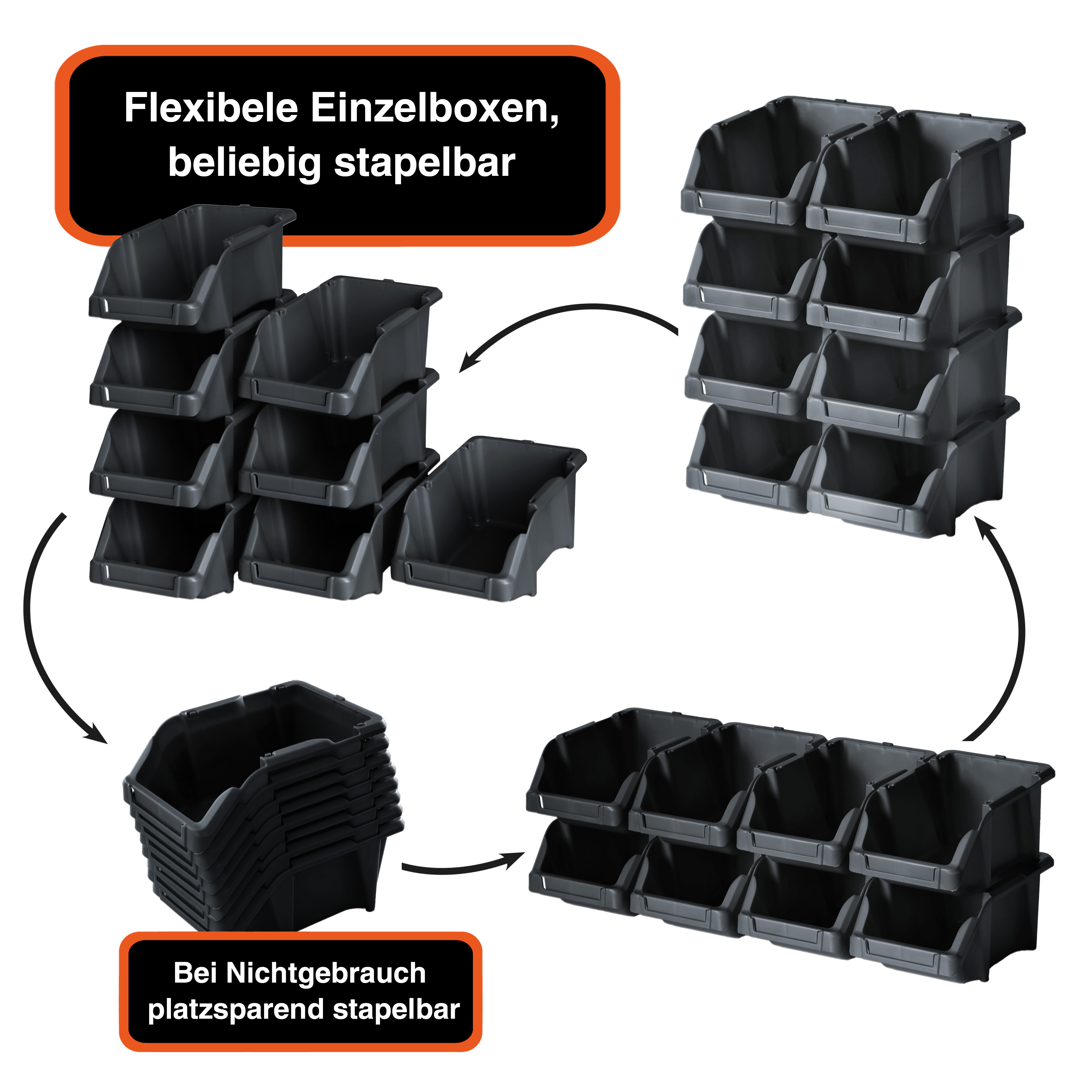 Stapelboxen-Set 8er Schwarz mit Halterung