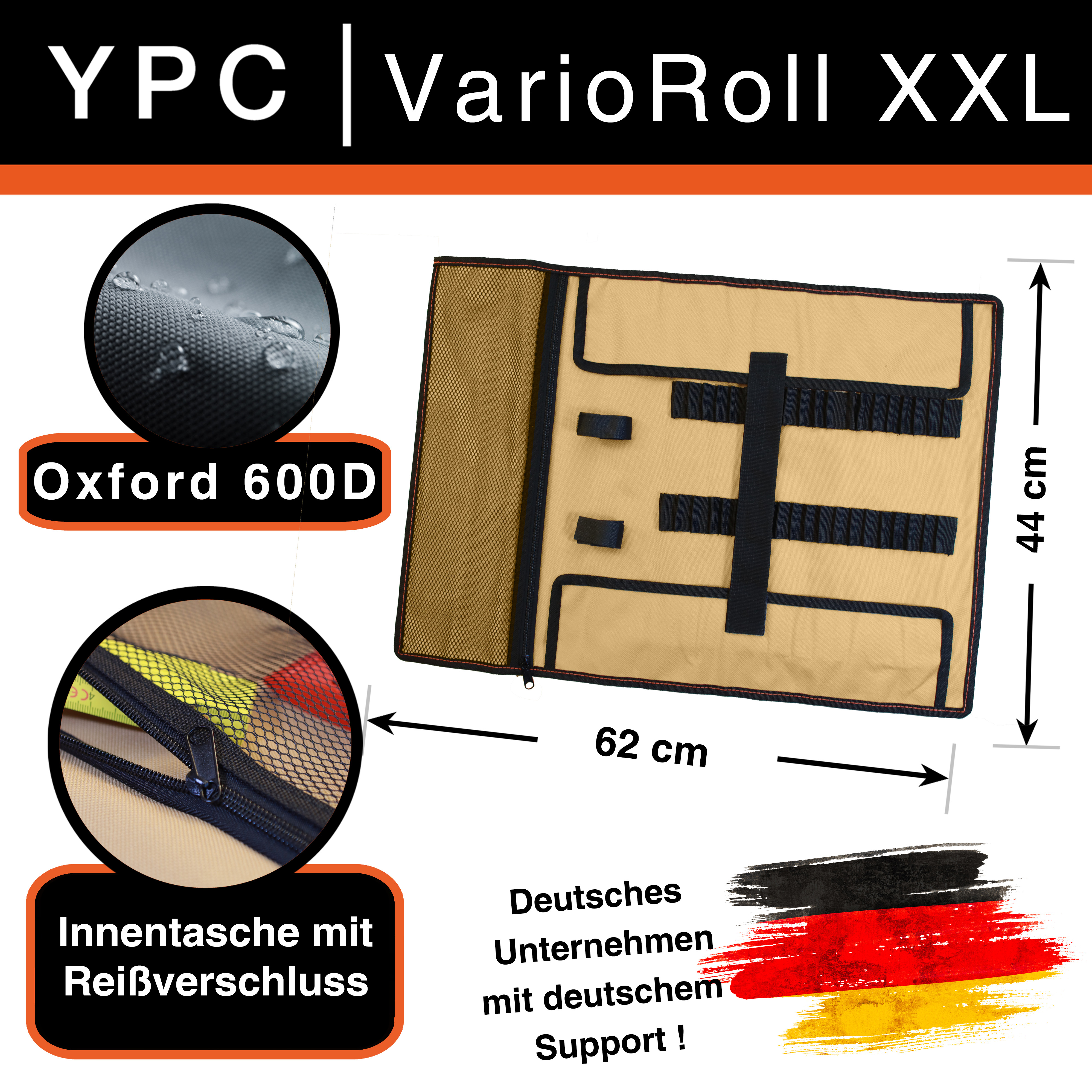 "VarioRoll XXL" Werkzeug Rolltasche 62x44cm, Netztasche und 60 Halteschlaufen, Sand-Schwarz