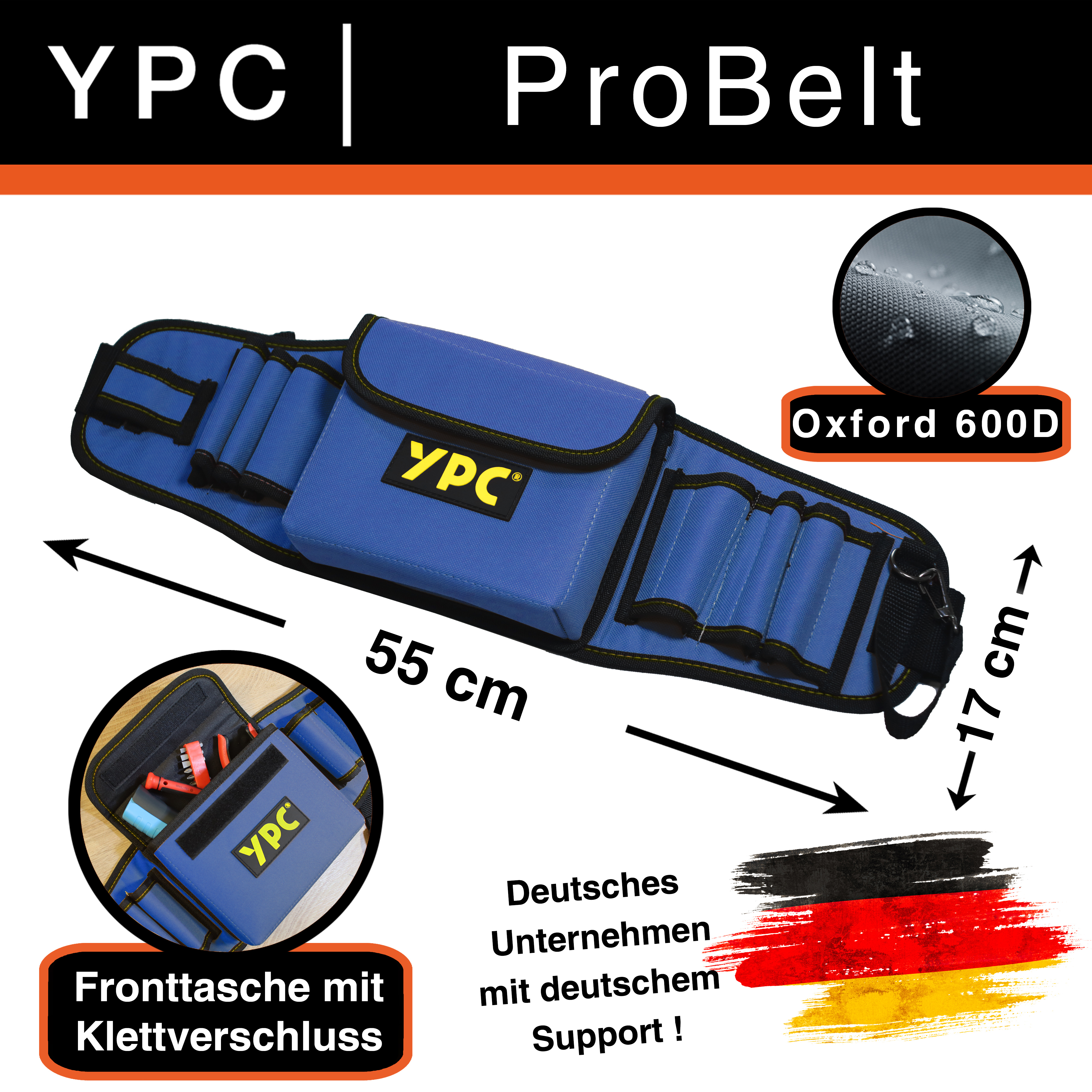 "ProBelt" Werkzeuggürtel 58x16cm, 130cm gesamt, mit Tasche und 8 Halteschlaufen, Blau-Schwarz