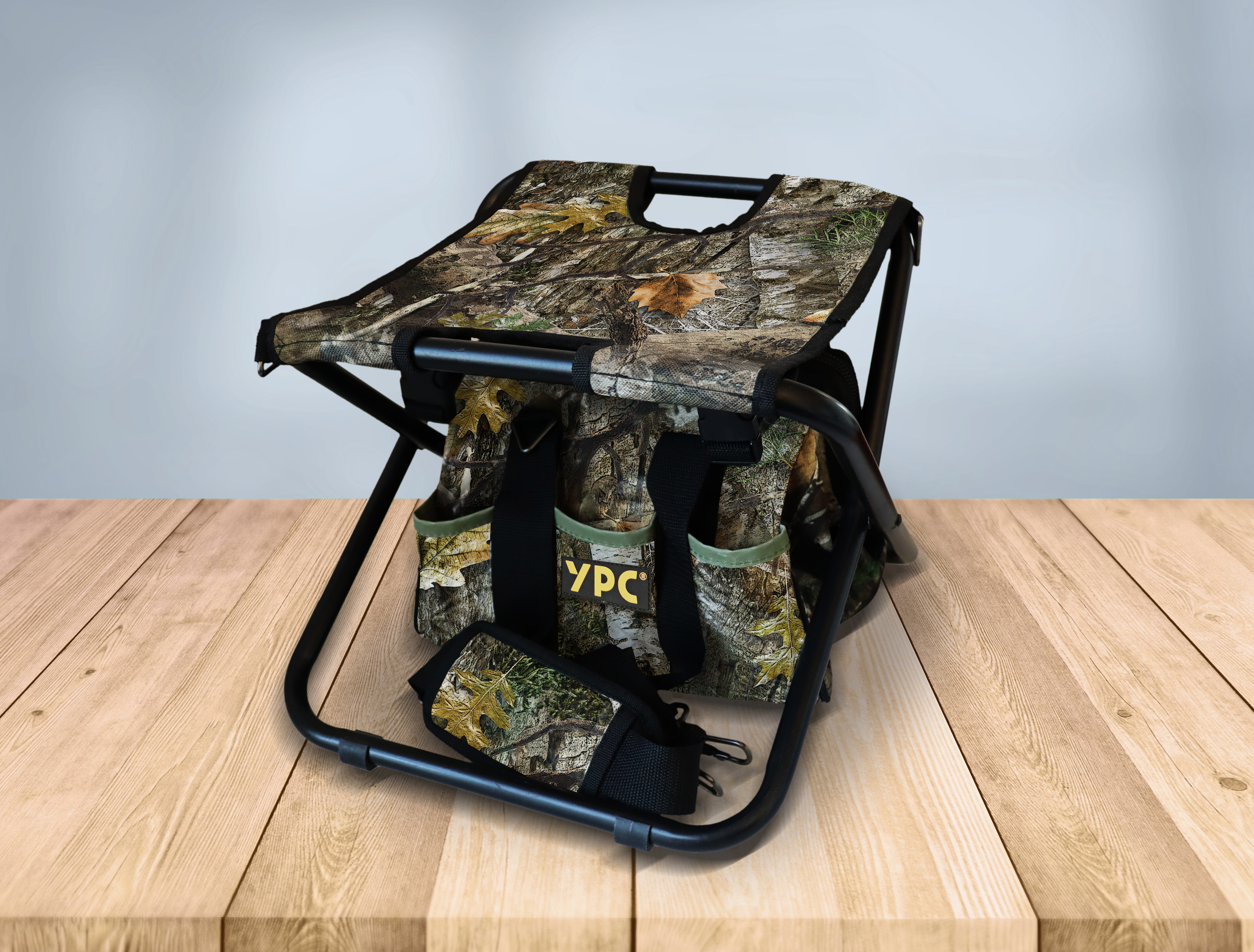 "Hunter" folding stool with carry bag, camouflage-black, 33x32x30cm, 100 kg load capacity