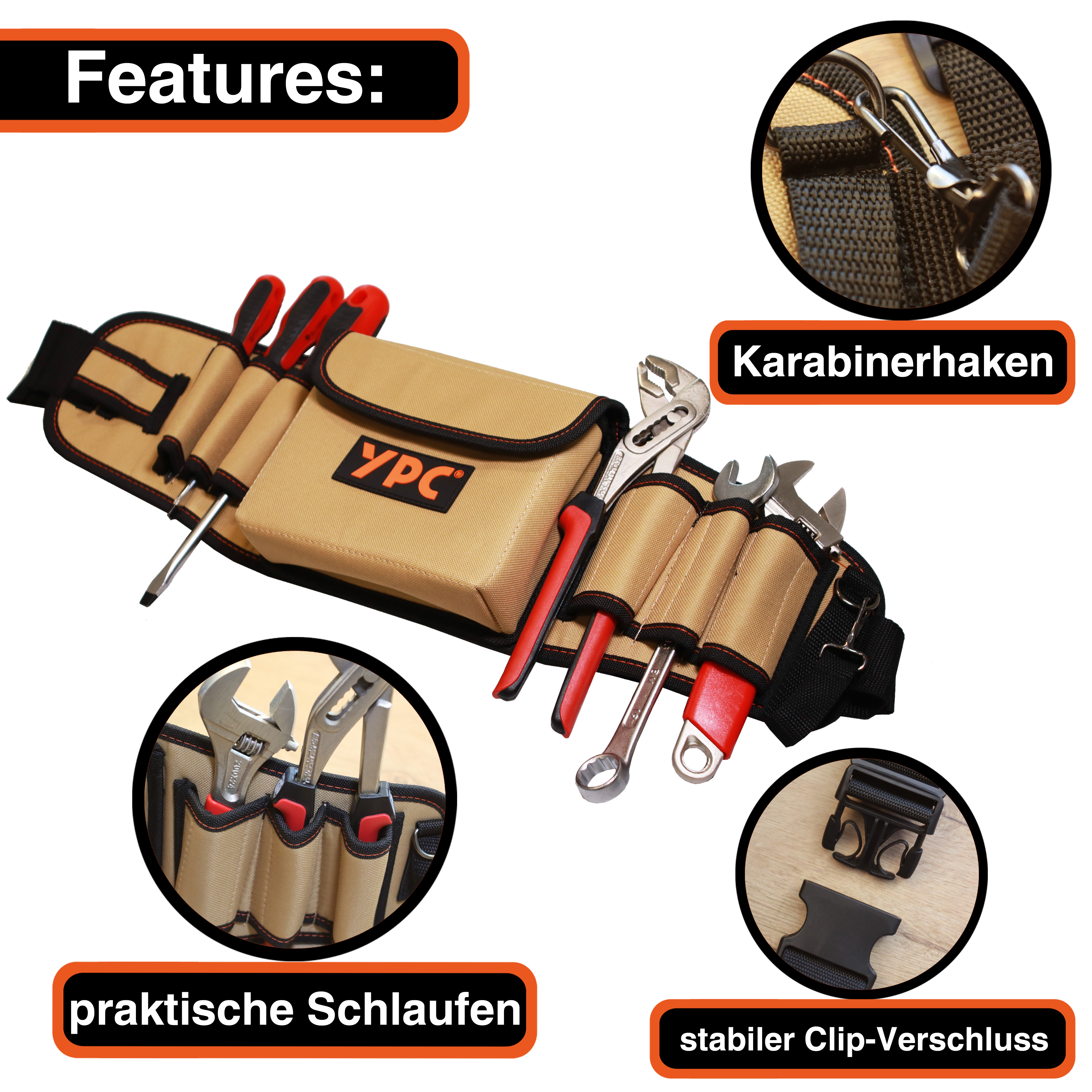 "ProBelt" tool belt 58x16cm, 130cm total, with pocket and 8 holding loops, sand-black