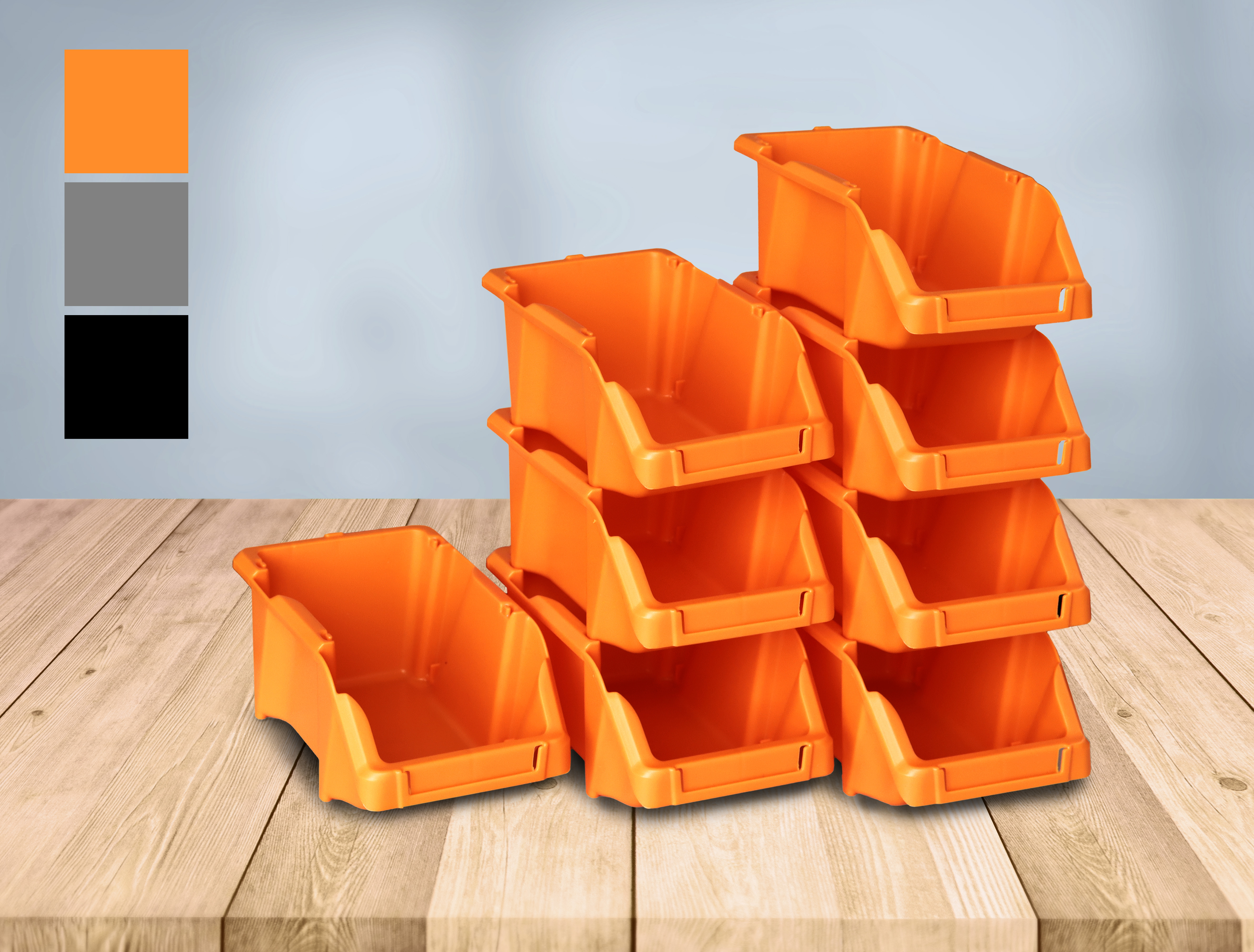 Stacking box set of 8 orange with holder Stacking box set of 8 orange with holder
