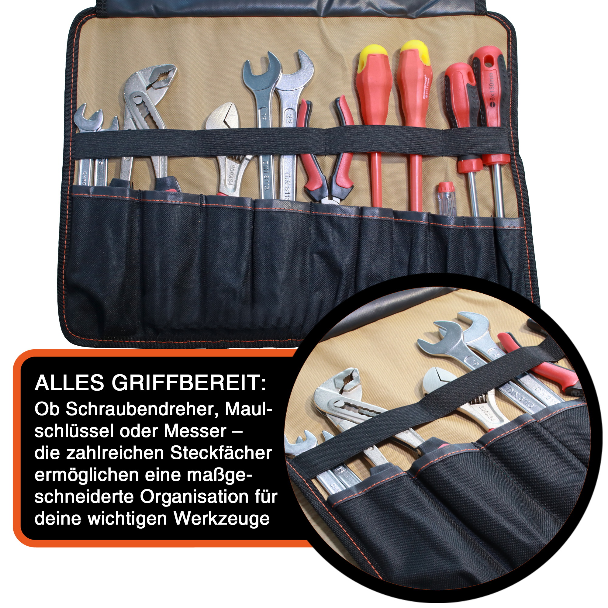 "VarioRoll L" Werkzeug Rolltasche 45x32cm, 10 Steckfächer und 4 Halteschlaufen, Sand-Schwarz