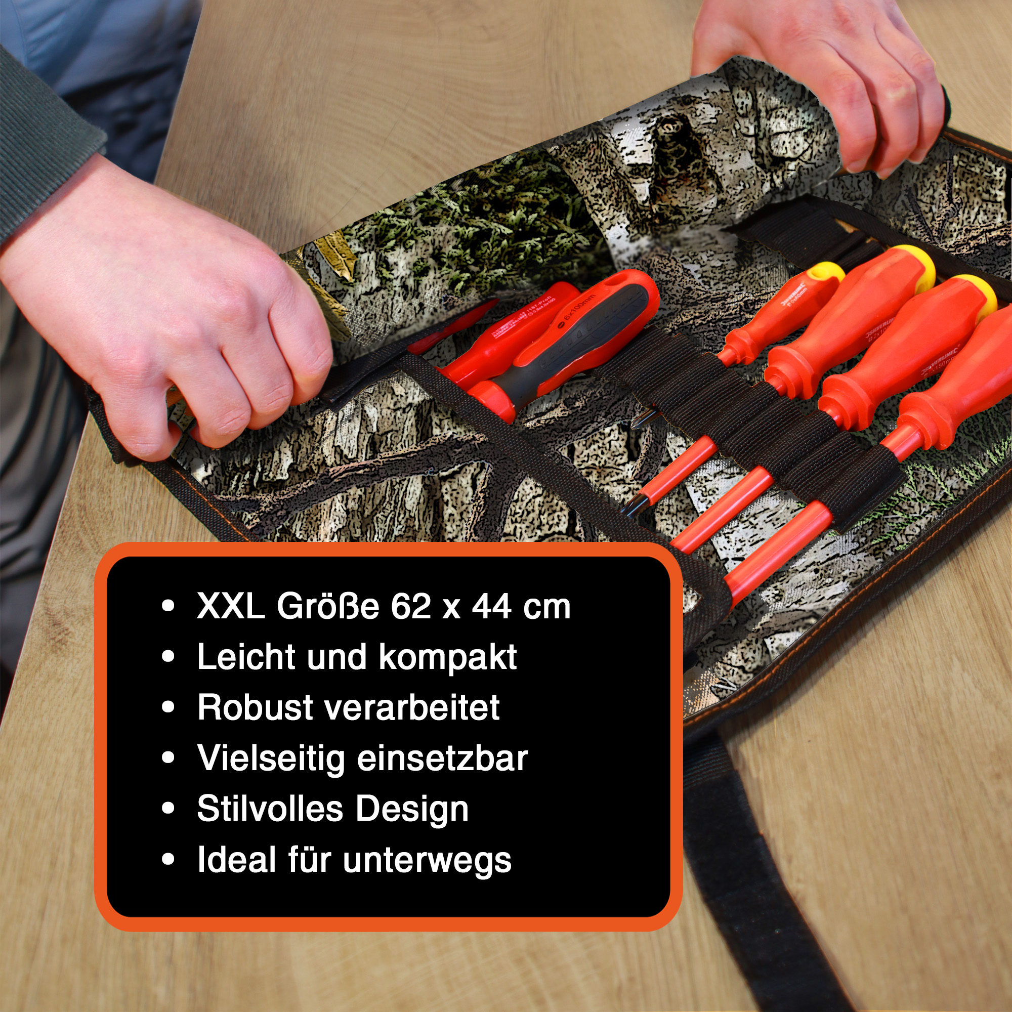 "VarioRoll XXL" Werkzeug Rolltasche 62x44cm, Netztasche und 60 Halteschlaufen, Camouflage-Schwarz