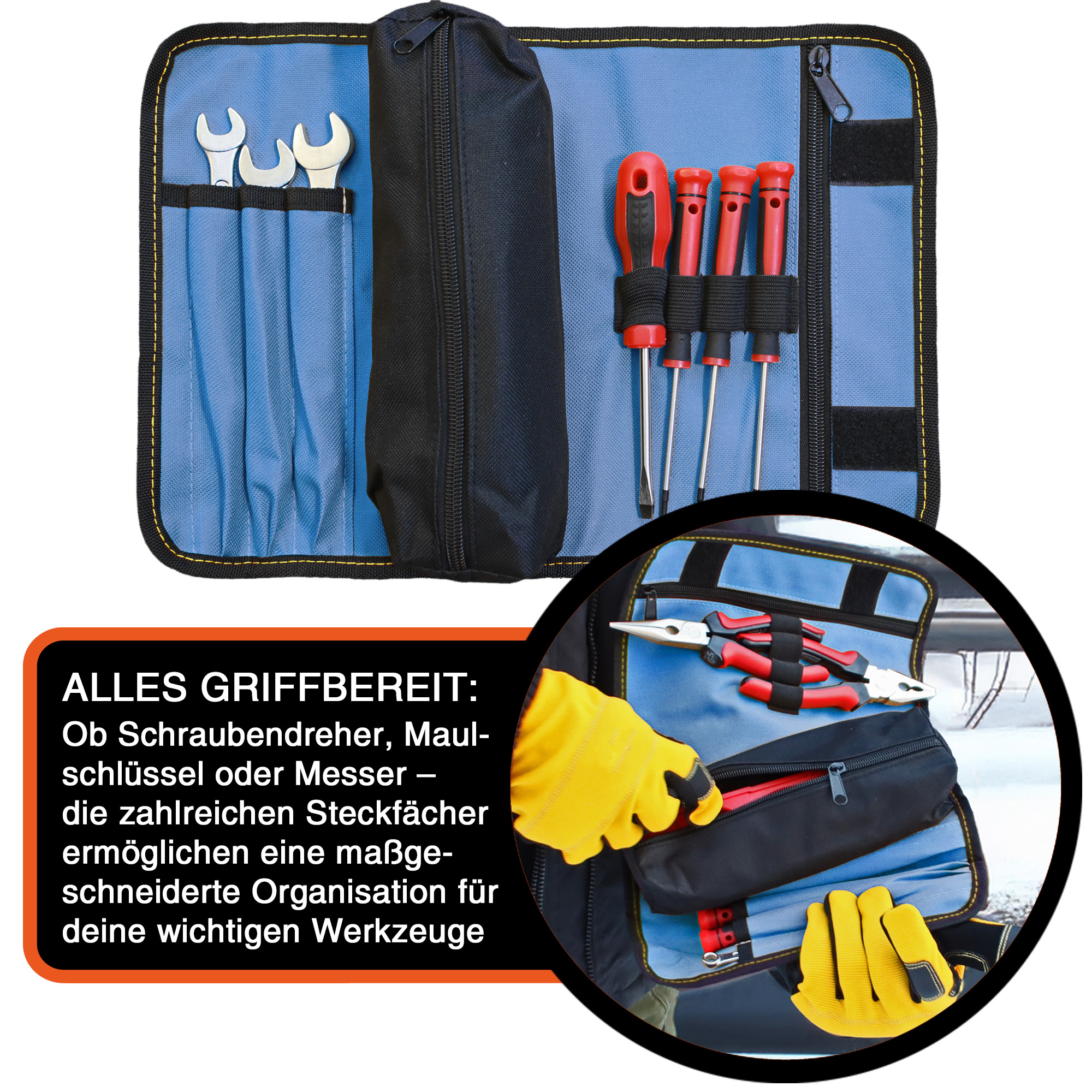 "VarioRoll M" Werkzeug Rolltasche 36x25cm, Zipper-Tasche, 4 Steckfächer, 4 Halteschlaufen, Blau-Schwarz