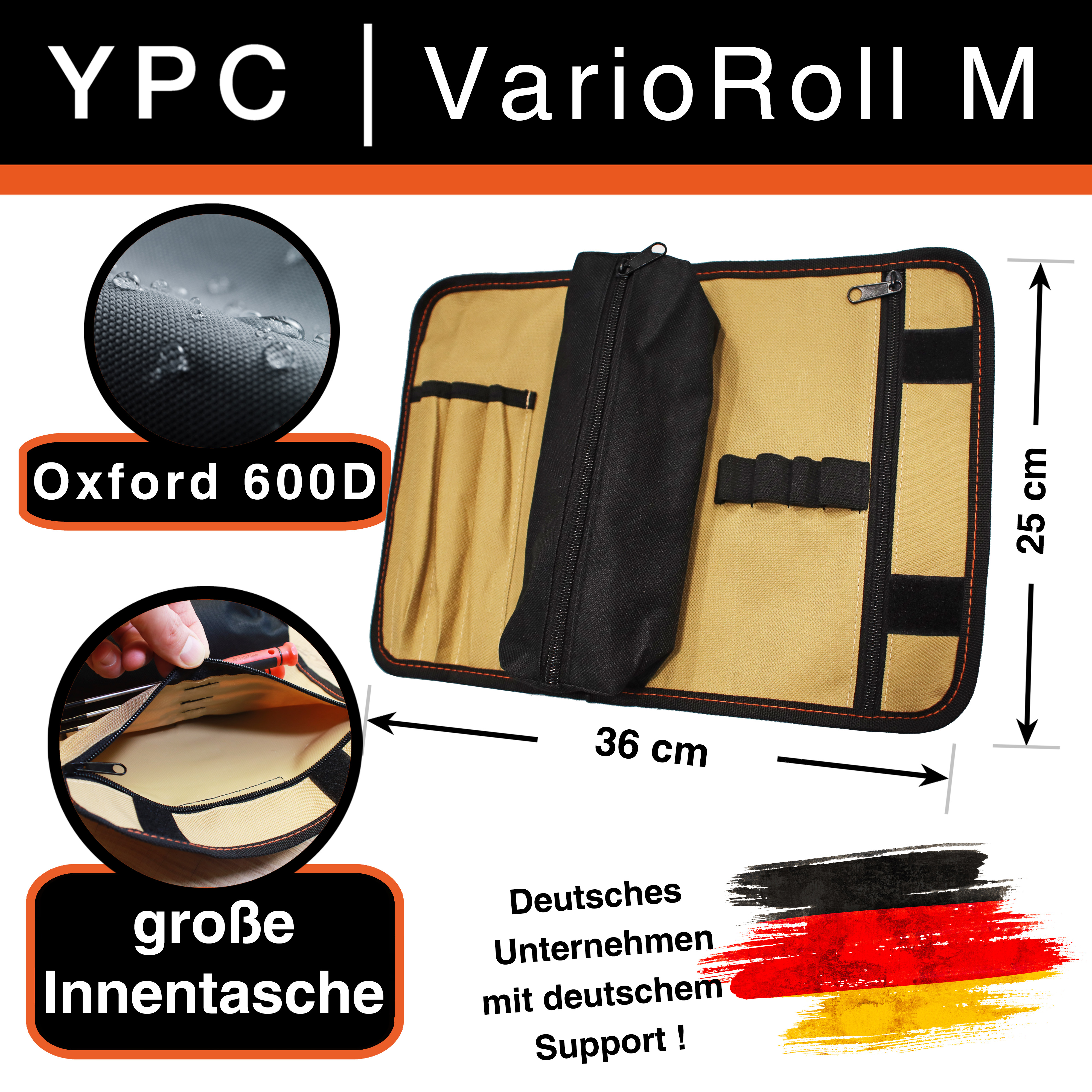 "VarioRoll M" Werkzeug Rolltasche 36x25cm, Zipper-Tasche, 4 Steckfächer, 4 Halteschlaufen, Sand-Schwarz