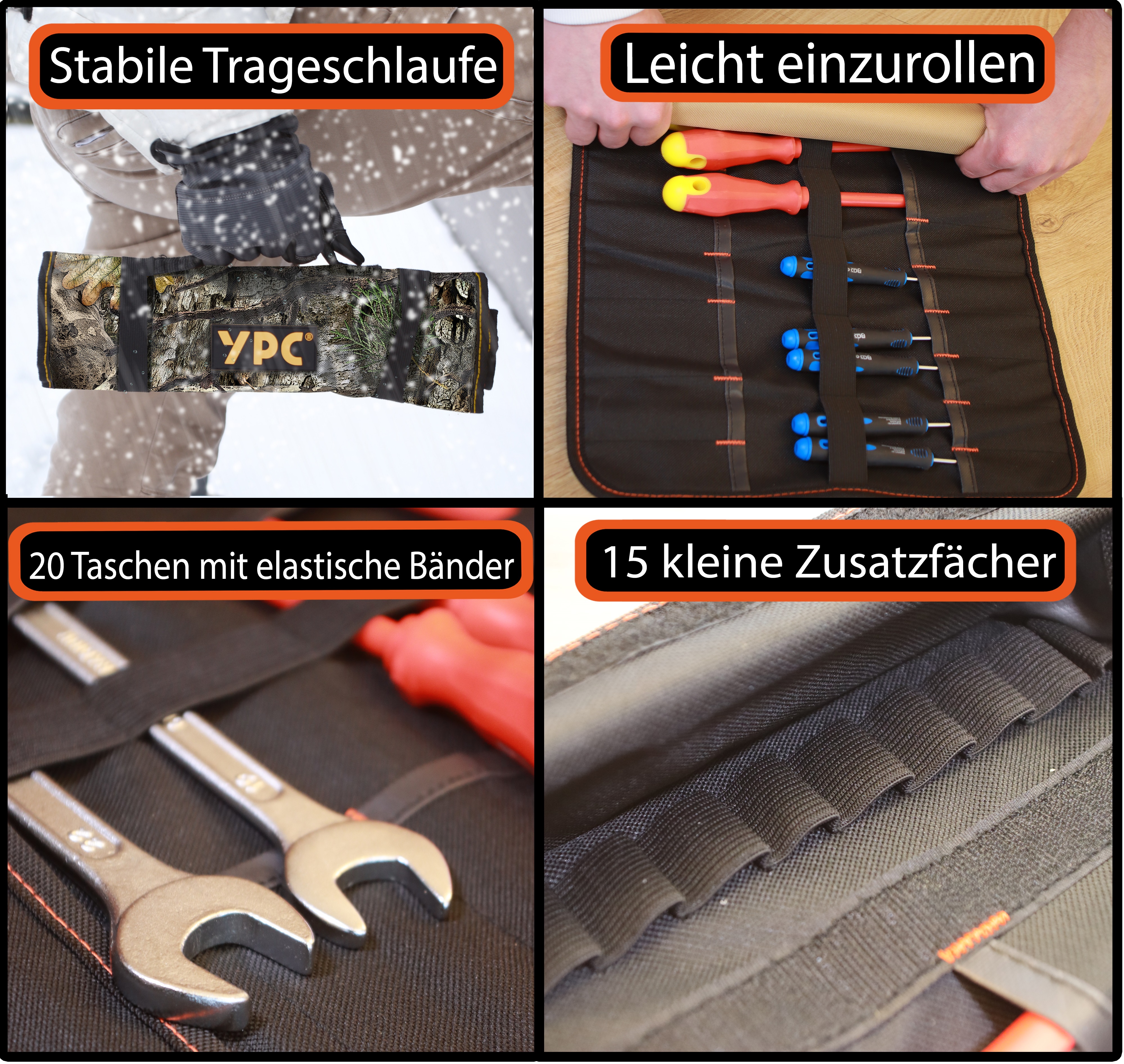 "VarioRoll XL" Werkzeug Rolltasche 56x34cm, 20 Steckfächer und 15 Halteschlaufen, Camouflage-Schwarz