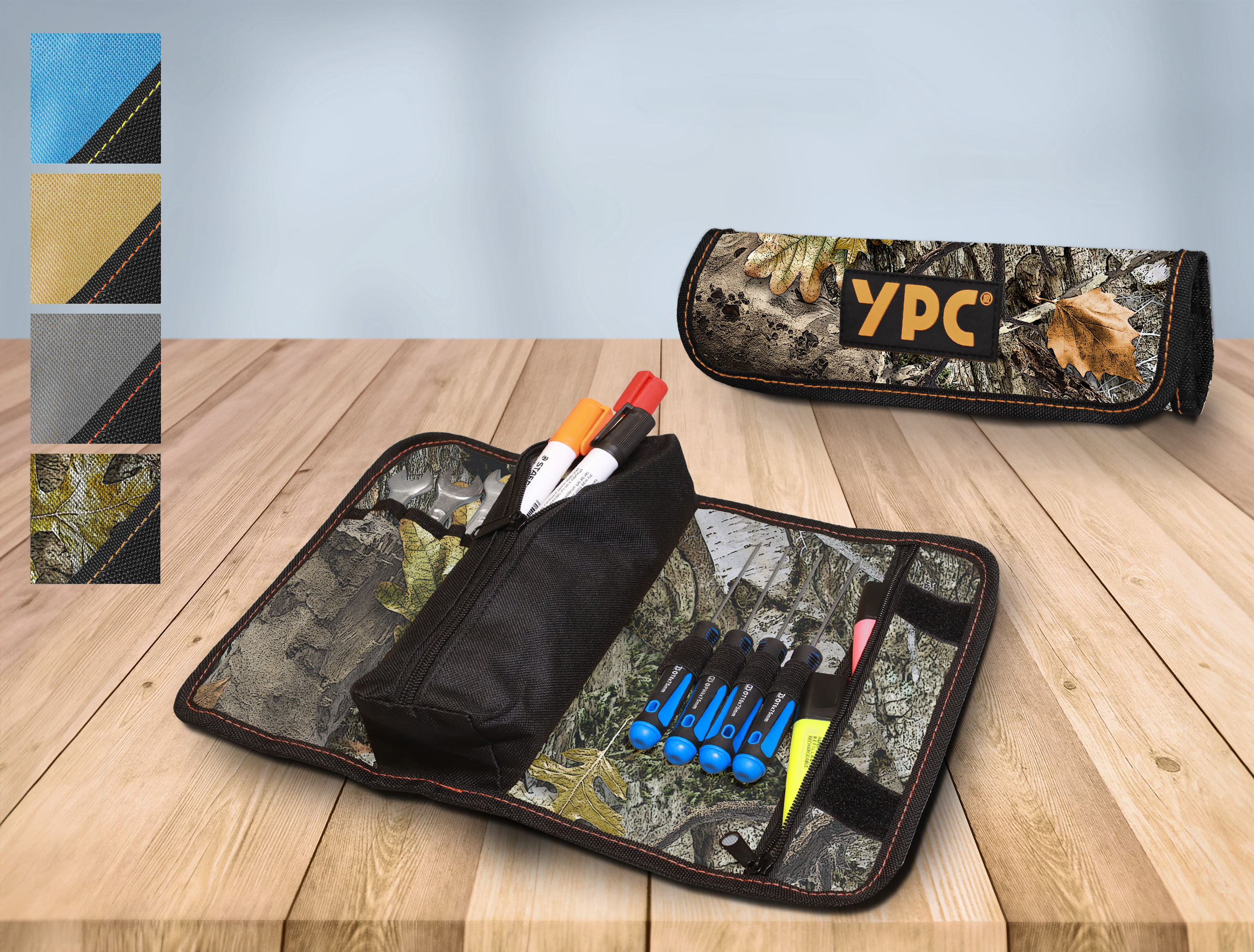 "VarioRoll M" tool roll bag 36x25cm, zipper bag, 4 pockets, 4 straps, camouflage-black
