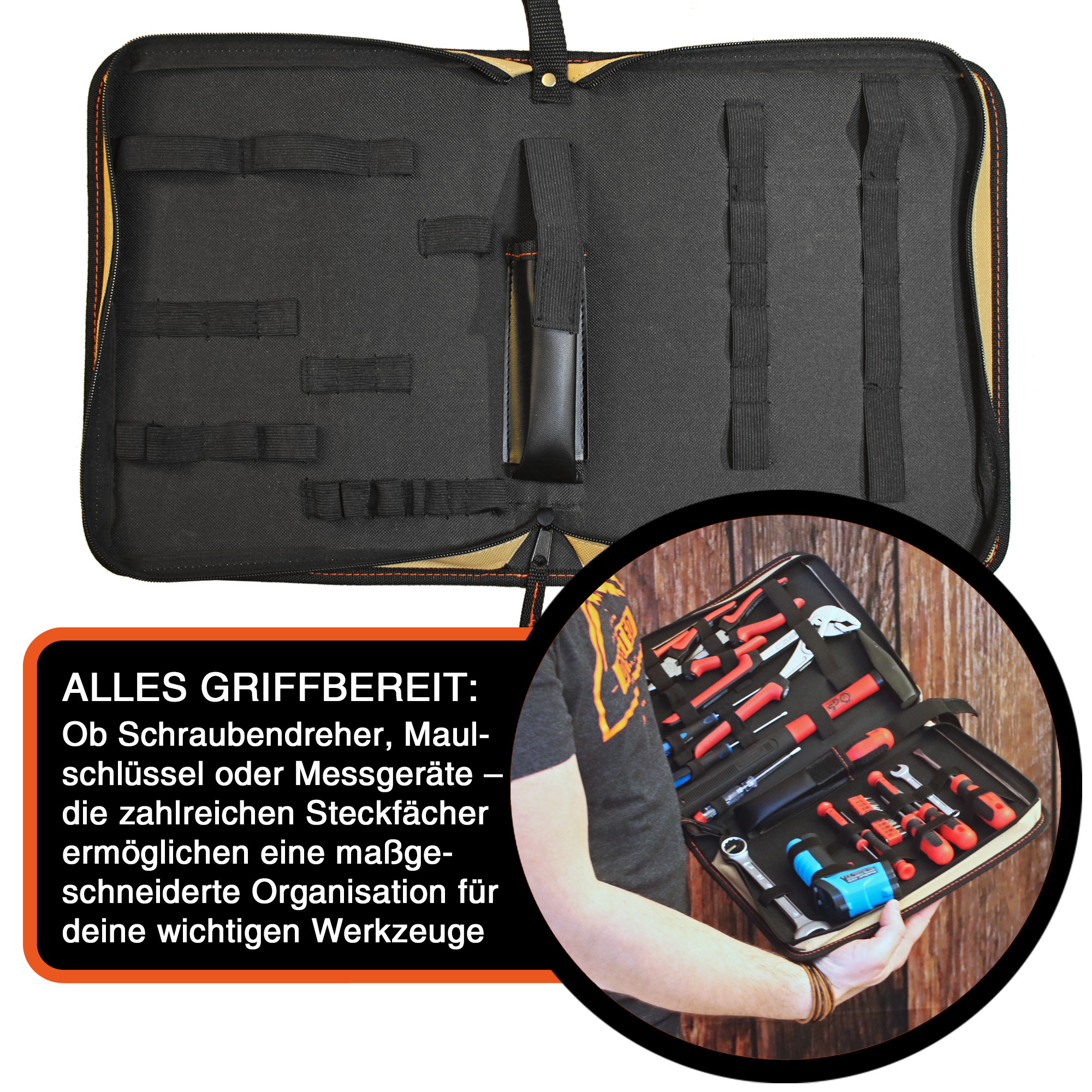 "ZipCaddy XL" Werkzeug Organizer 31x23x5cm, mit Außentasche und 34 Halteschlaufen, Sand-Schwarz