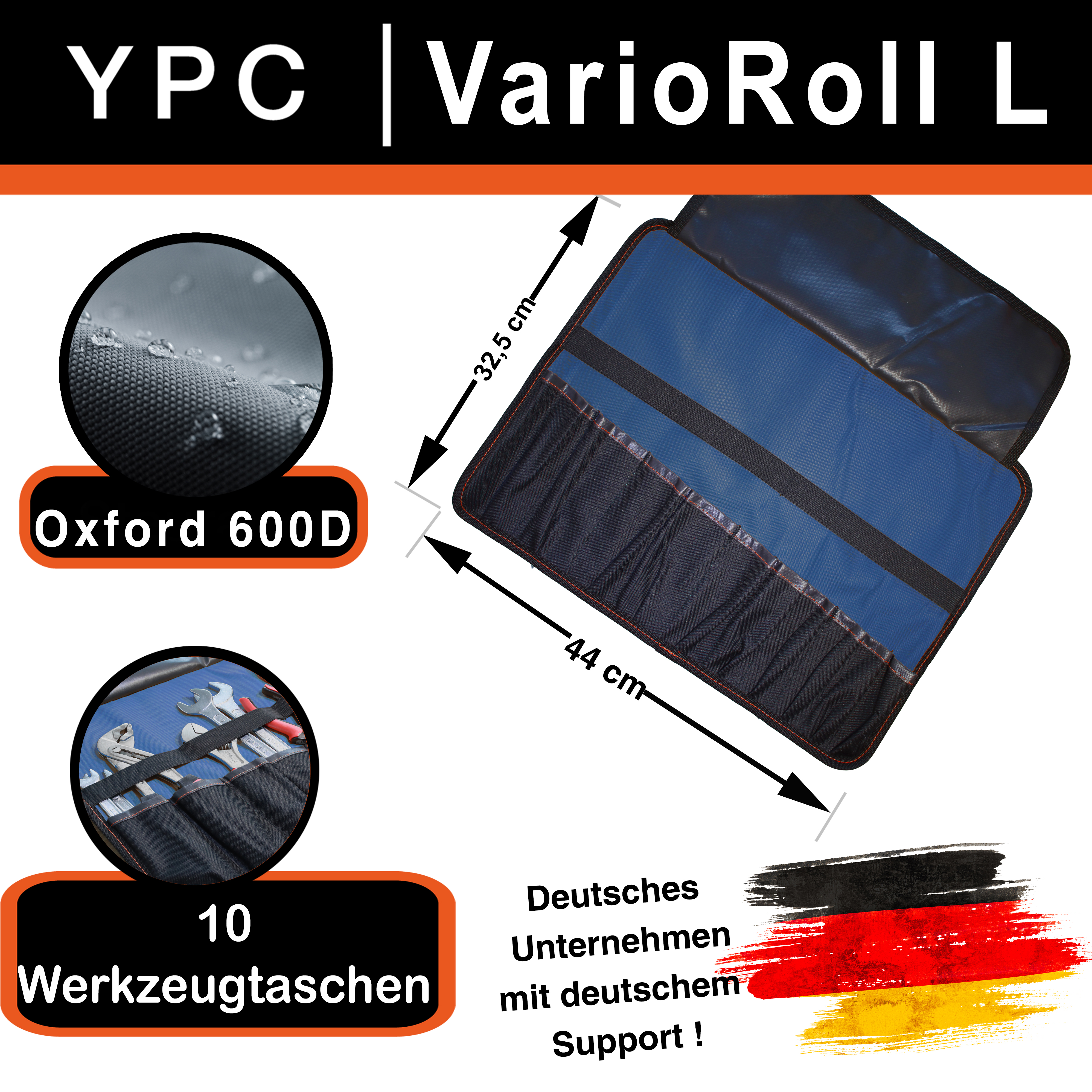 "VarioRoll L" Werkzeug Rolltasche 45x32cm, 10 Steckfächer und 4 Halteschlaufen, Blau-Schwarz