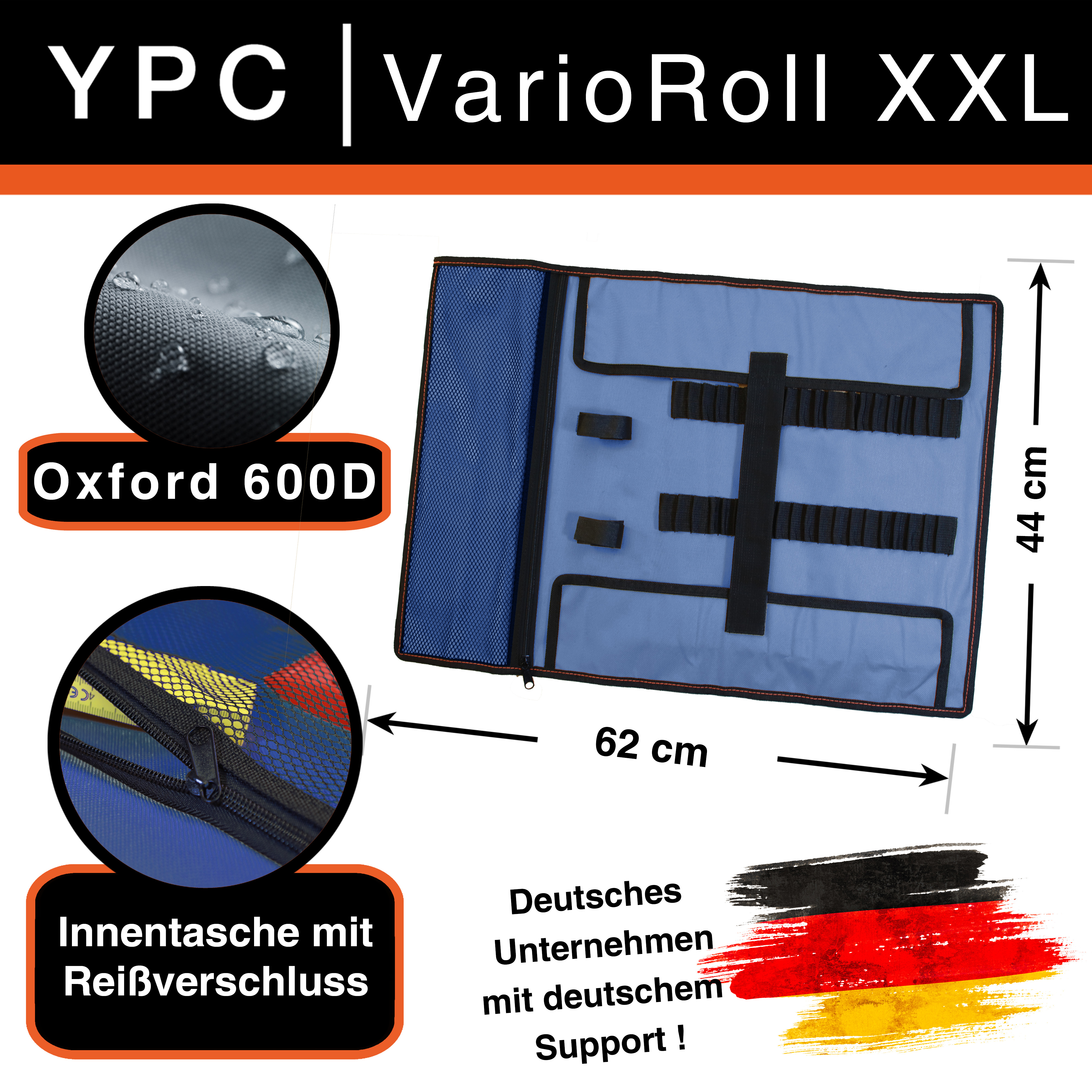 "VarioRoll XXL" Werkzeug Rolltasche 62x44cm, Netztasche und 60 Halteschlaufen, Blau-Schwarz