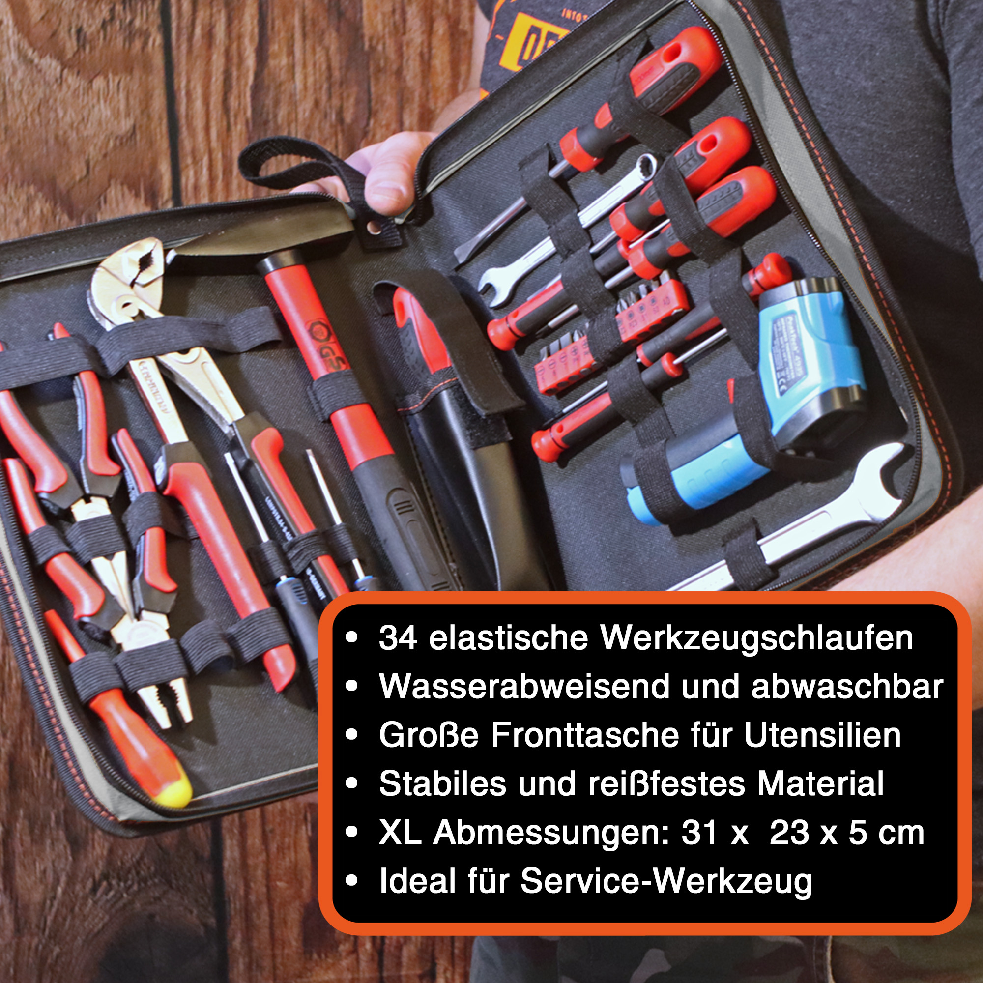 "ZipCaddy XL" Werkzeug Organizer 31x23x5cm, mit Außentasche und 34 Halteschlaufen, Grau-Schwarz