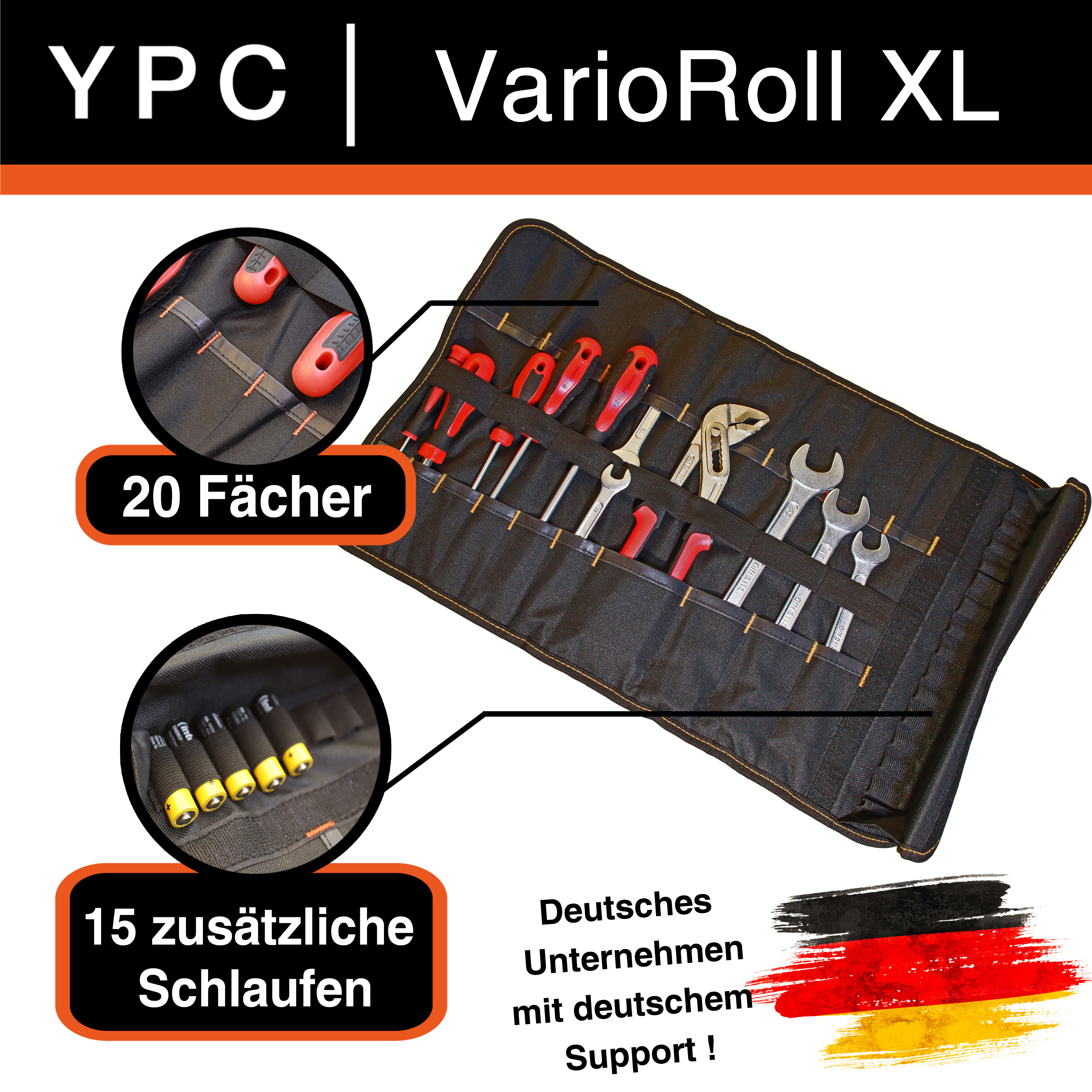 "VarioRoll XL" Werkzeug Rolltasche 56x34cm, 20 Steckfächer und 15 Halteschlaufen, Camouflage-Schwarz