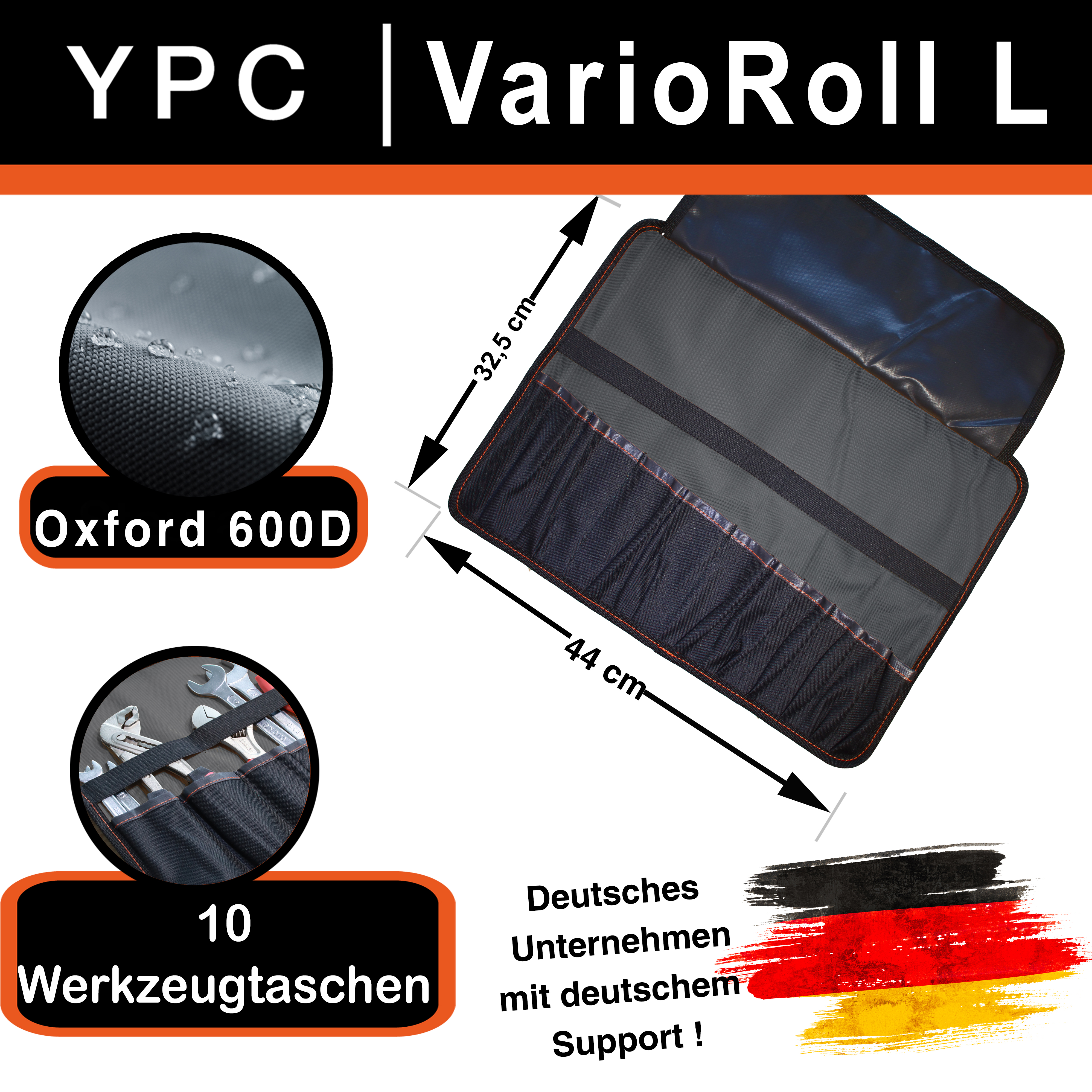 "VarioRoll L" Werkzeug Rolltasche 45x32cm, 10 Steckfächer und 4 Halteschlaufen, Grau-Schwarz