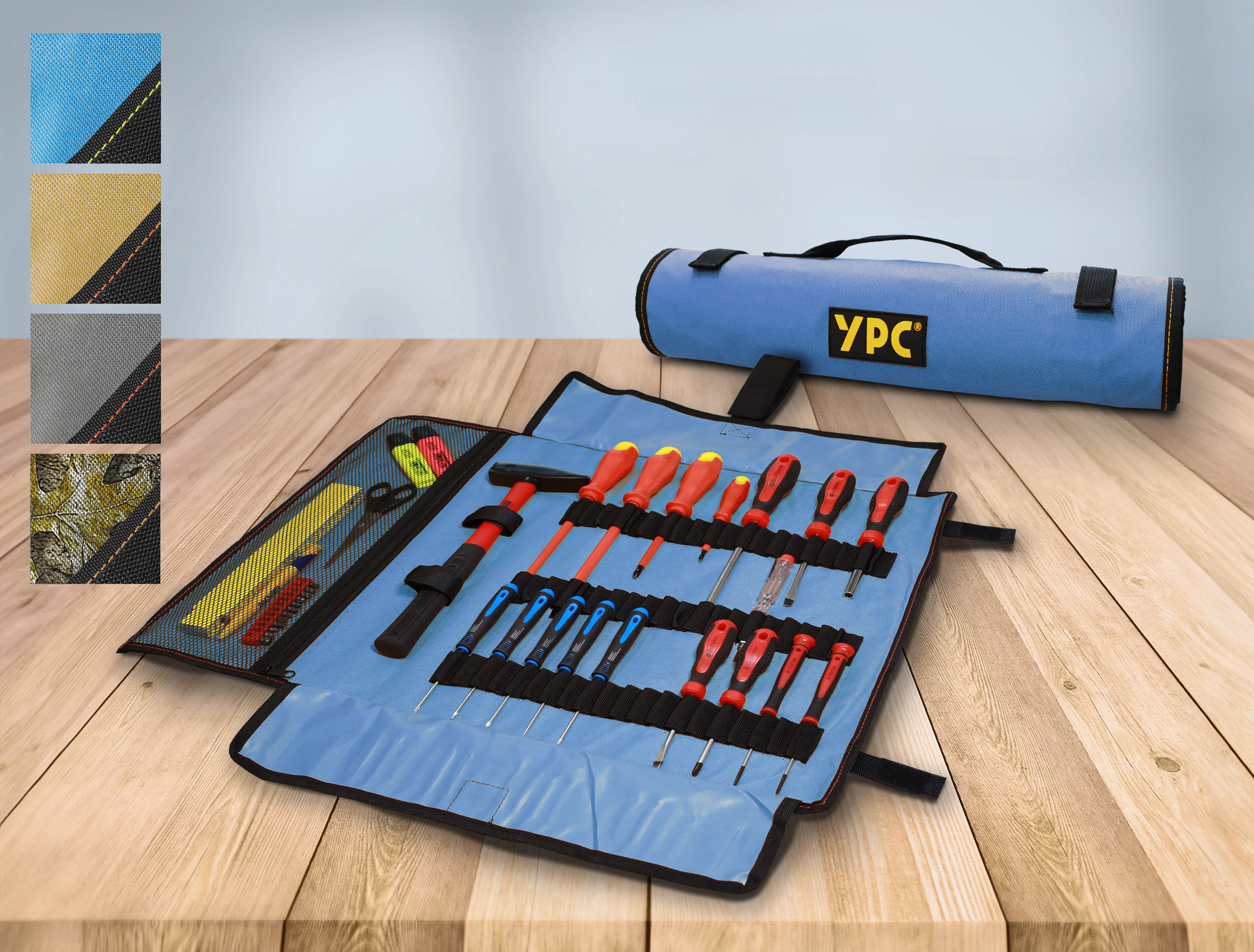 "VarioRoll XXL" tool roll bag 62x44cm, mesh pocket and 60 straps, blue-black