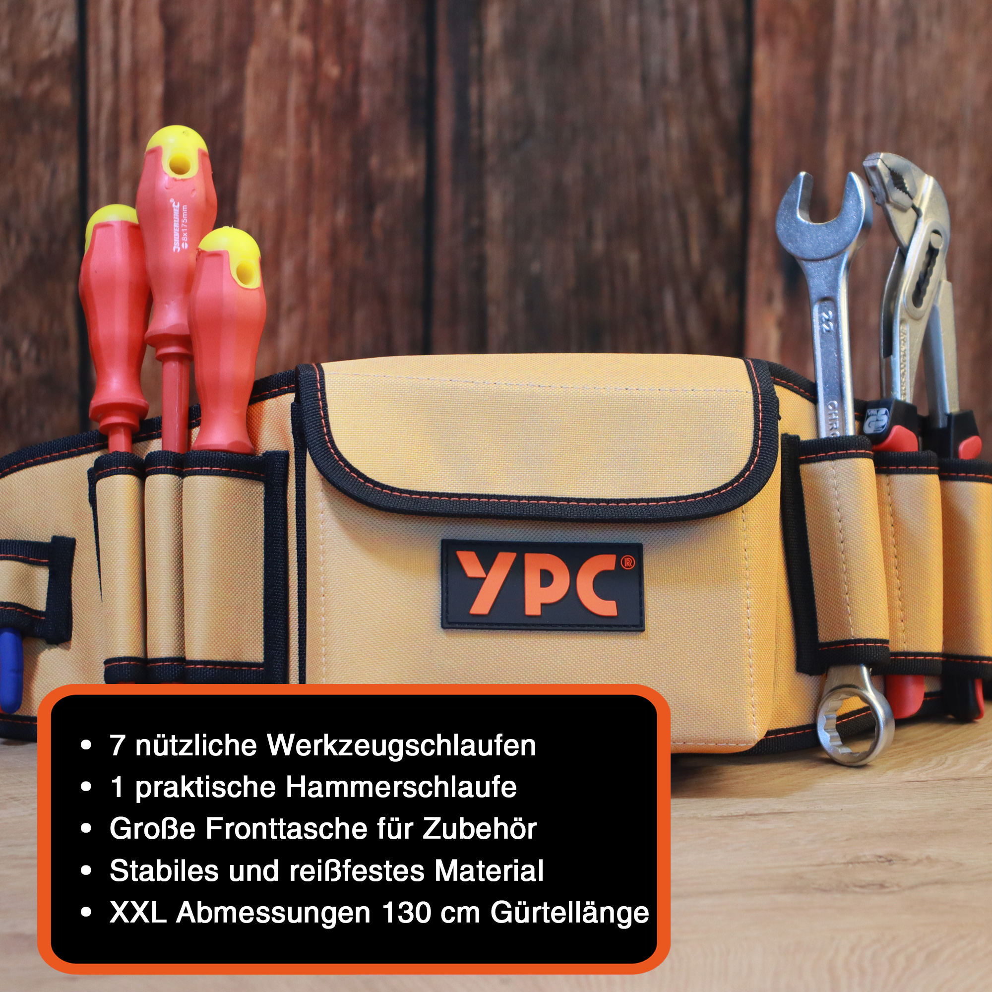 "ProBelt" tool belt 58x16cm, 130cm total, with pocket and 8 holding loops, sand-black