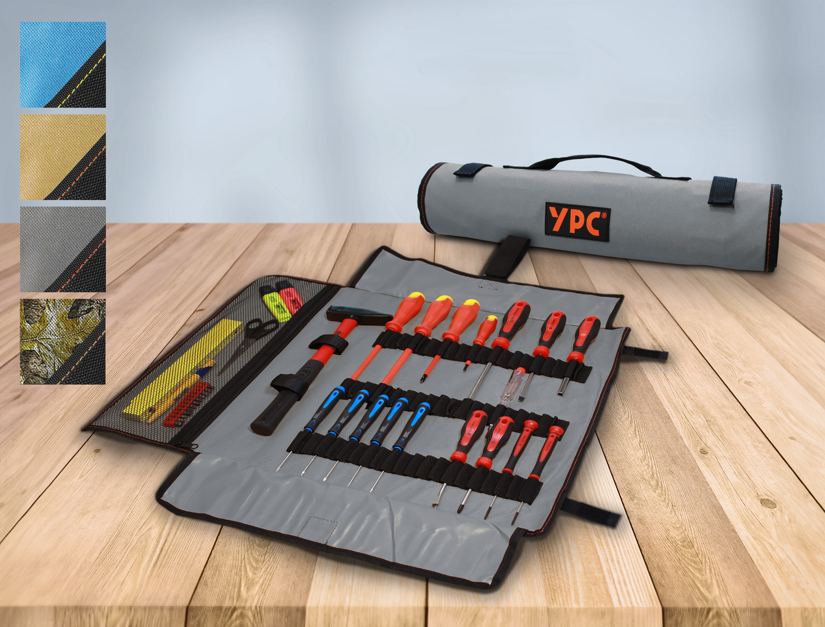"VarioRoll XXL" tool roll bag 62x44cm, mesh pocket and 60 straps, grey-black